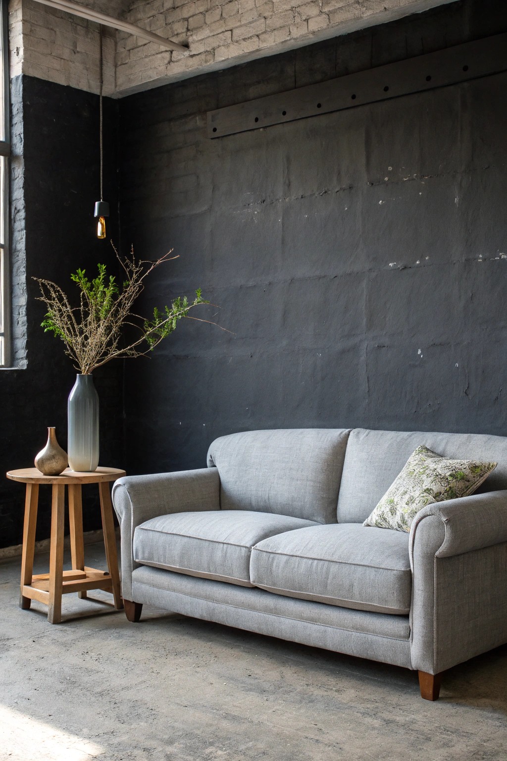 Elevate your space: Let a grey sofa stand out against deep, dramatic walls.