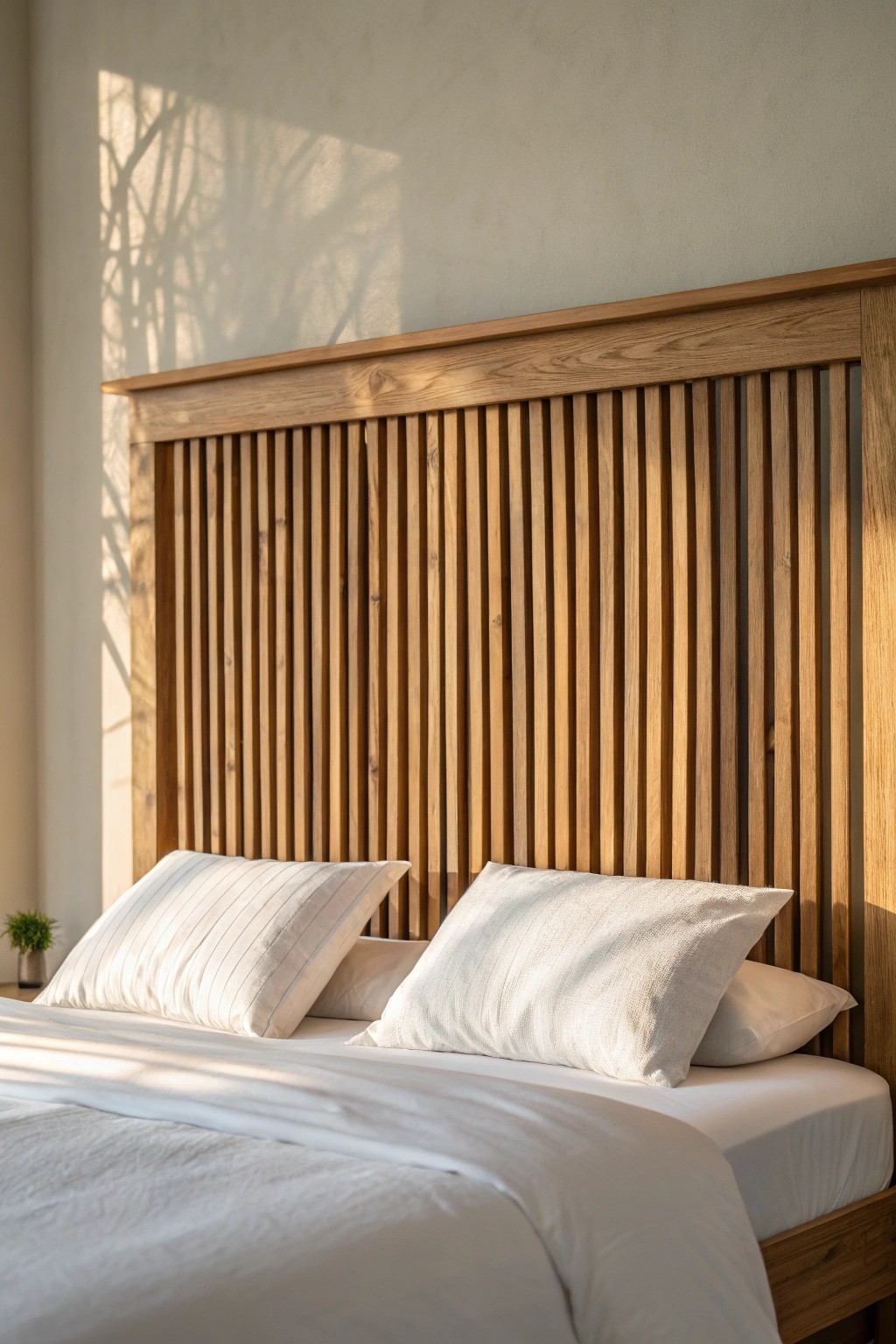 Elevate your bedroom with the timeless beauty of minimalist wood slats.