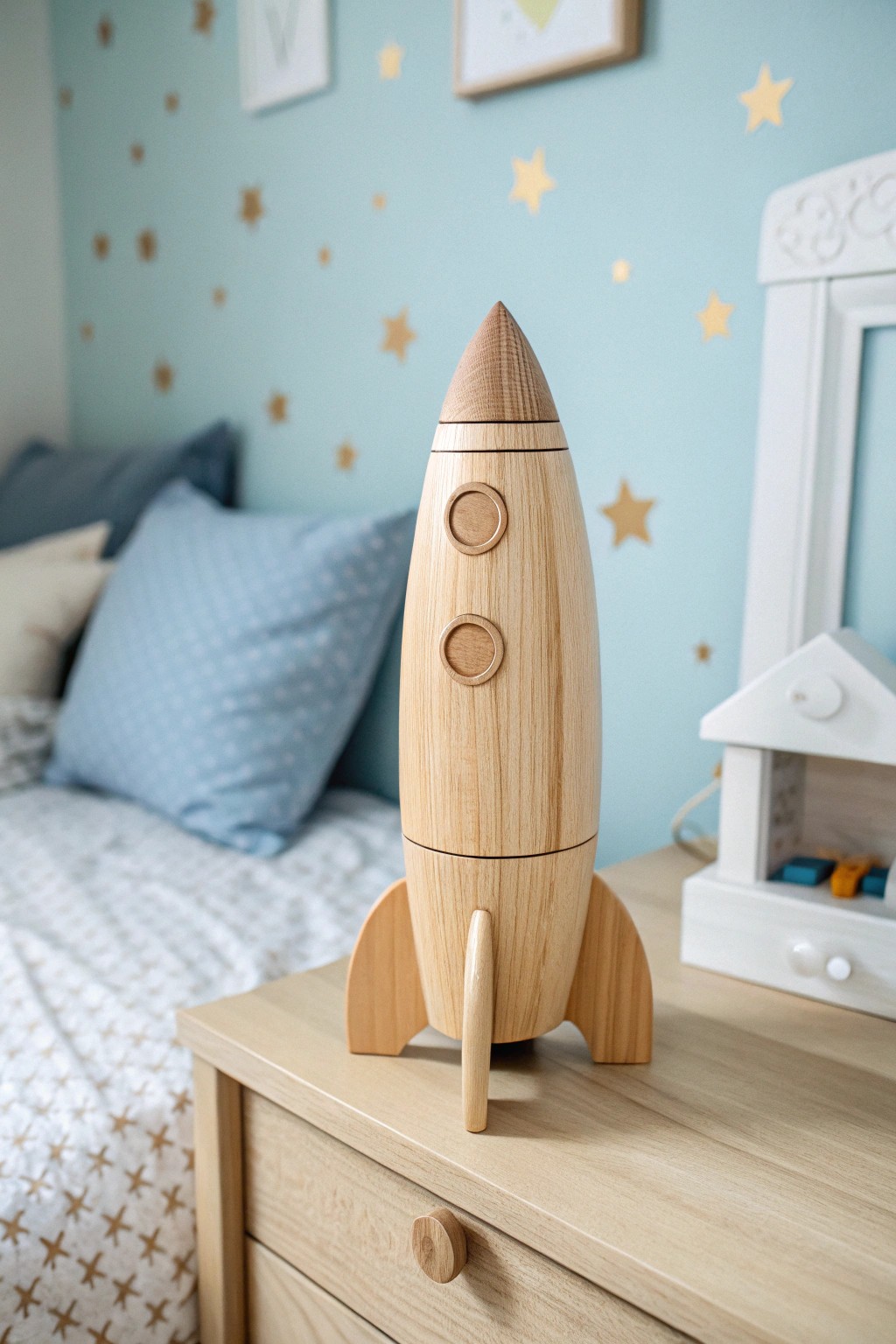 Let their imagination soar—natural wood rocket ship, the perfect centerpiece for a dreamy themed kids room.