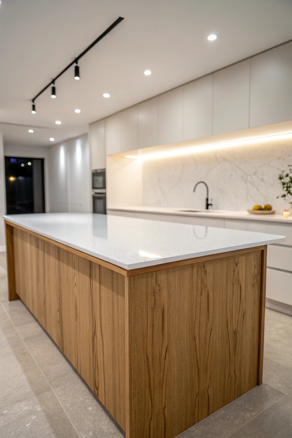Minimalist beauty: recessed lighting highlights natural craftsmanship.