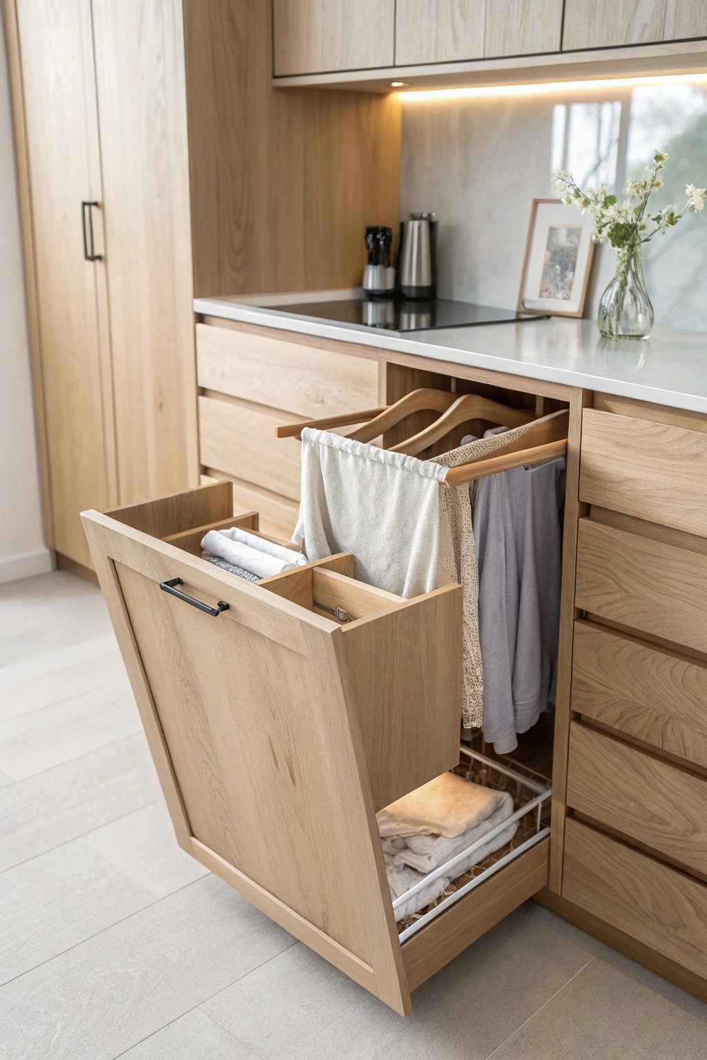 Sleek simplicity: built-in drying rack drawer blends beauty with function.