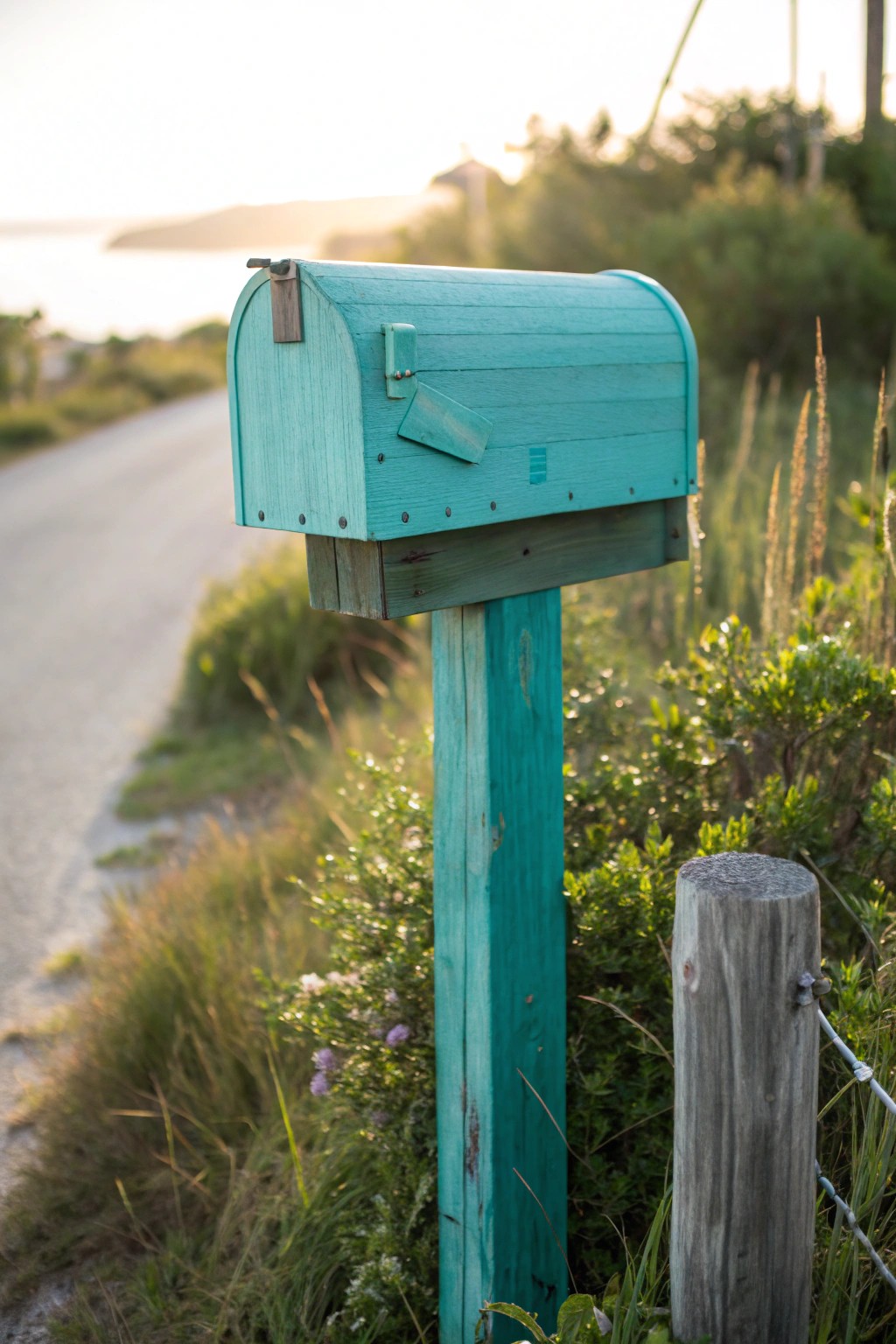 A bold turquoise mailbox post adds a cheerful touch to your curb appeal.