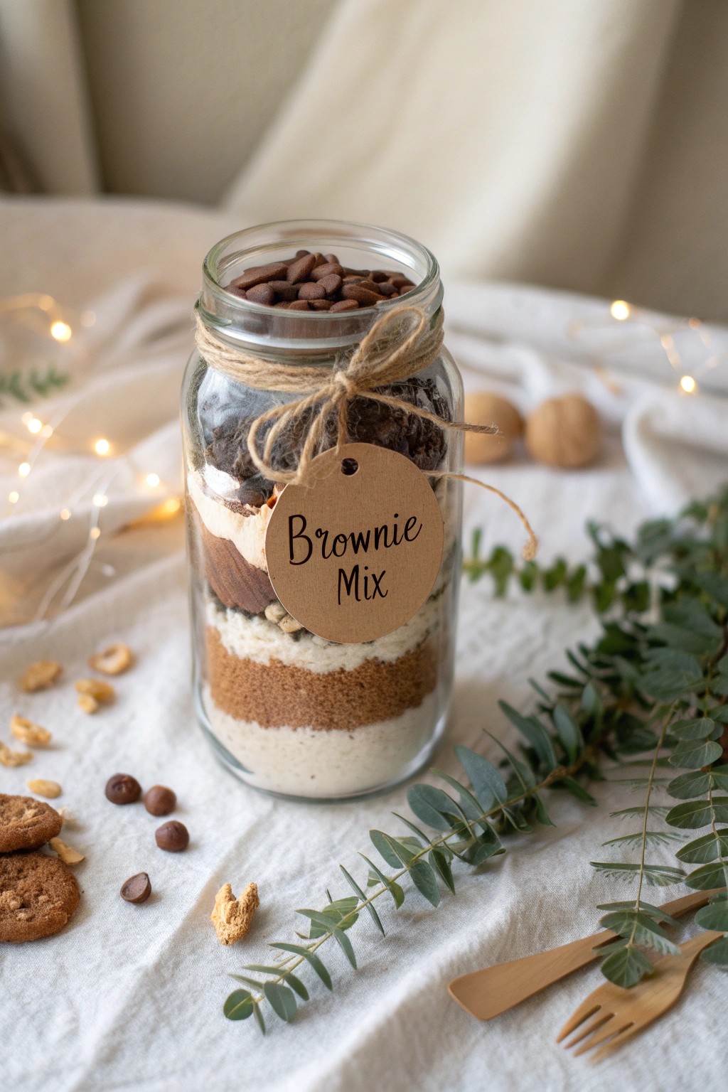 A beautifully layered brownie mix in a mason jar—gift simplicity meets Scandinavian charm.