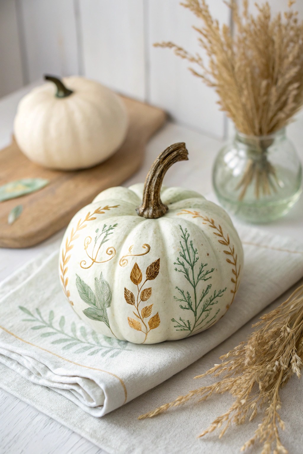 Bring autumn indoors with a hand-painted botanical leaf pumpkin—simple, elegant, and full of natural charm.