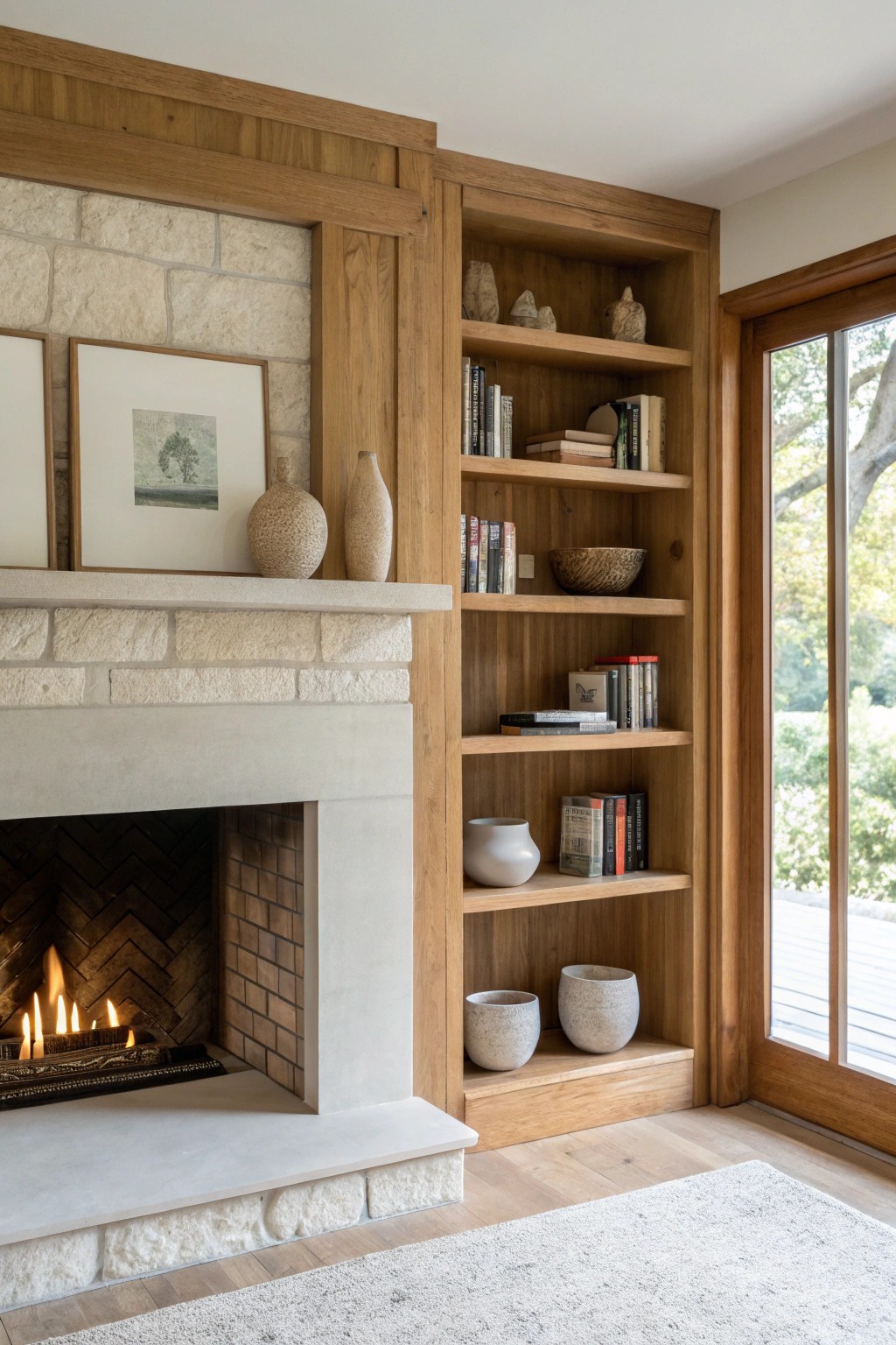 Modern fireplace with beautifully crafted built-in shelves—where warmth meets elegant simplicity.