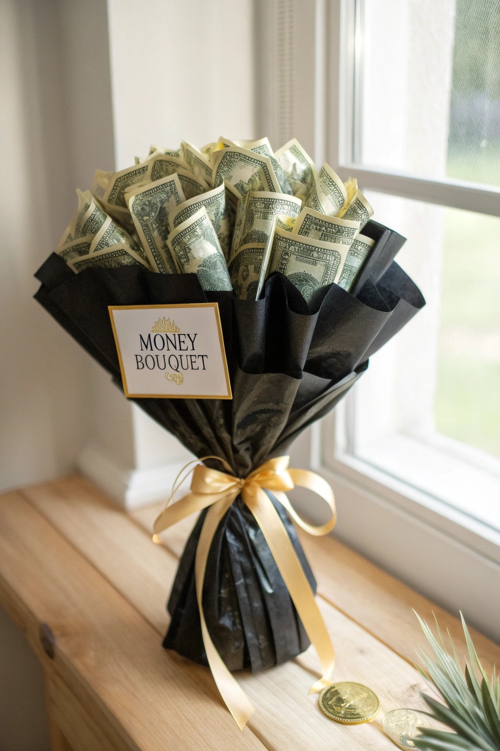 Minimalist men’s money bouquet: sleek, sophisticated, and beautifully simple.