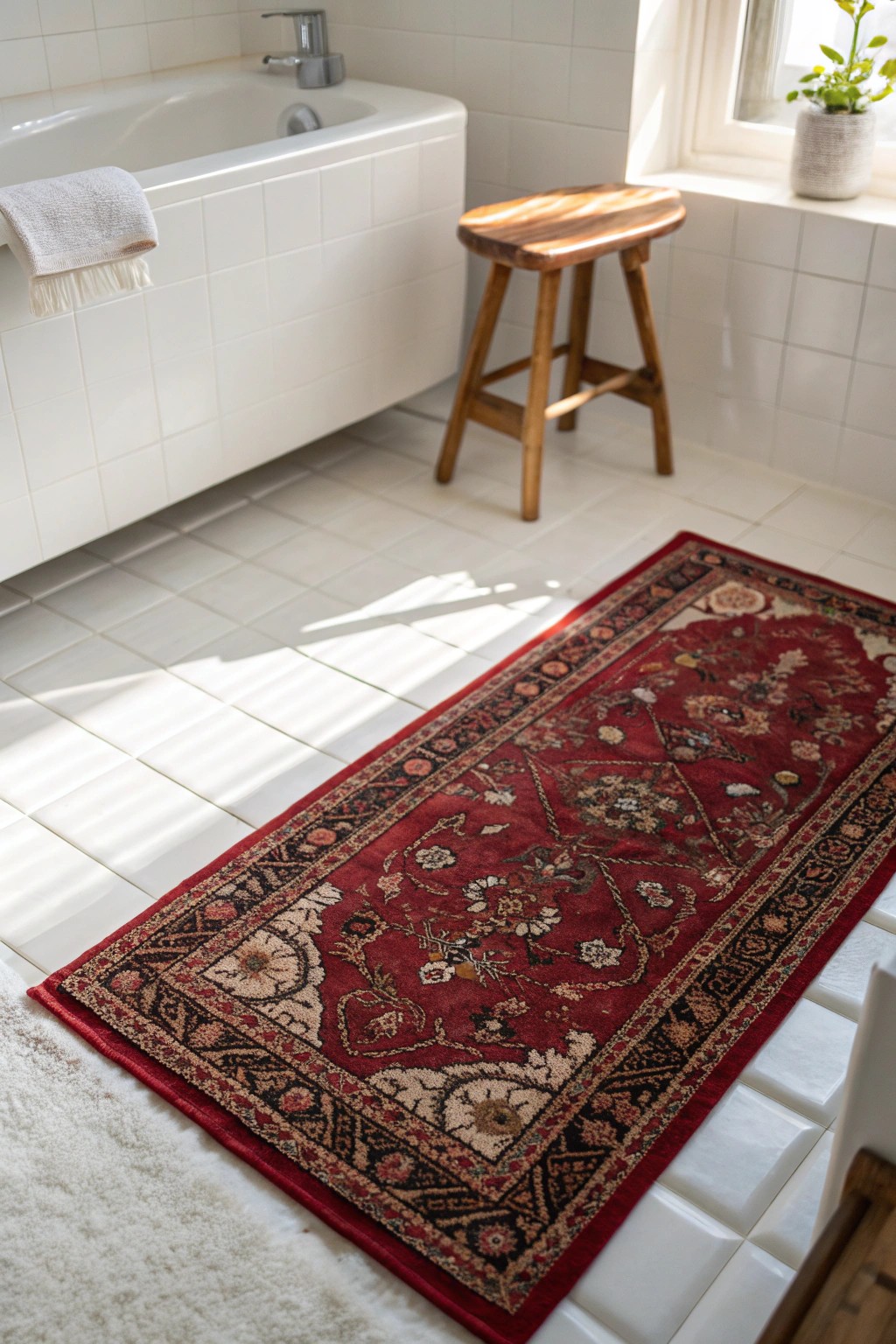Elevate your bathroom with the cozy charm of a layered Persian rug.