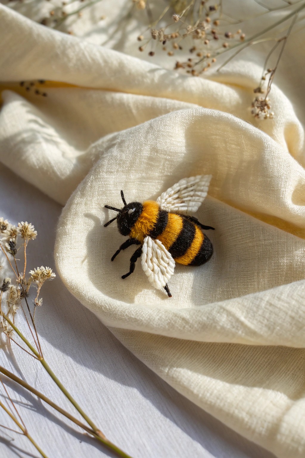 Charming needle-felted bumble bee brooch—wearable art for spring days.