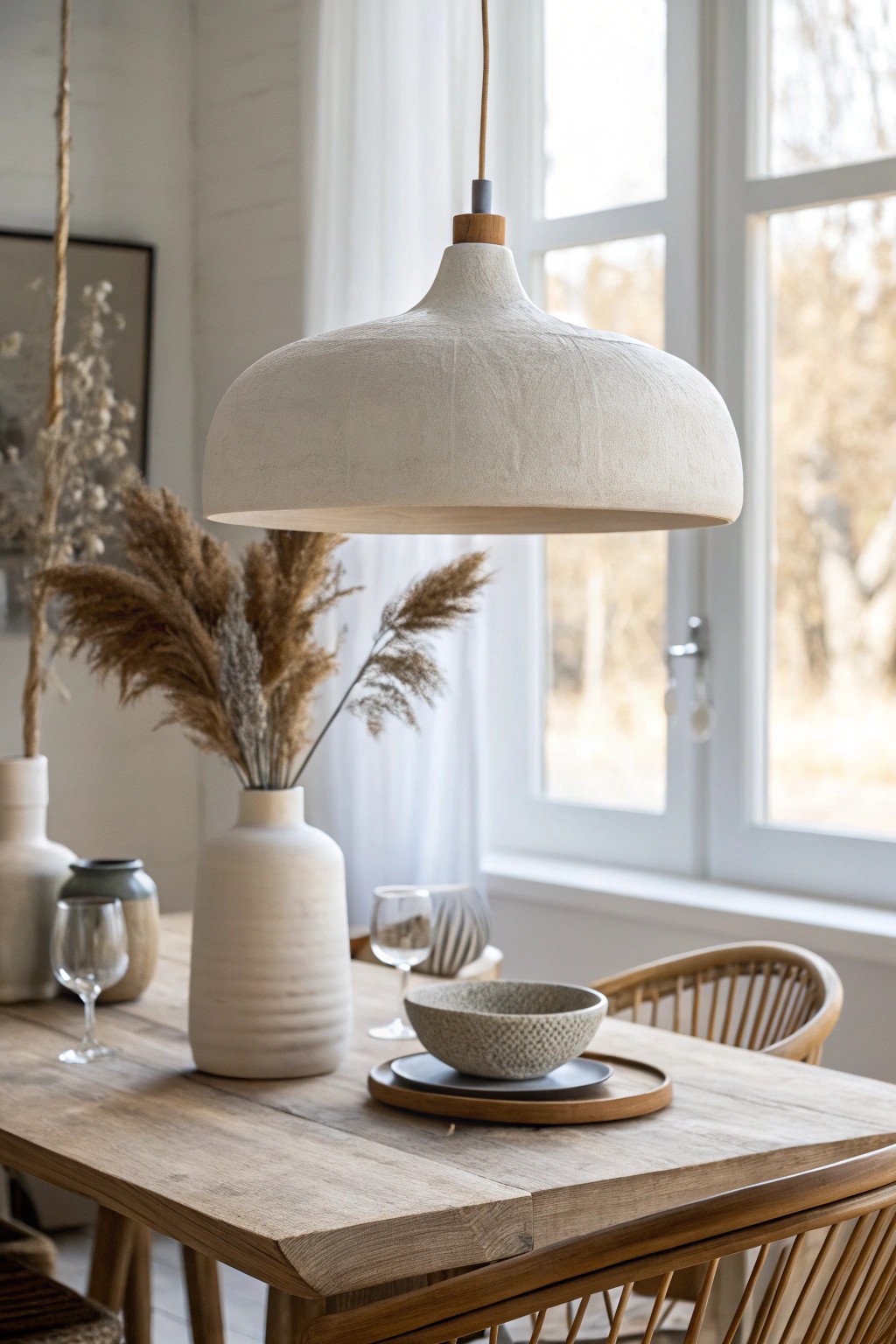 Effortless elegance: a single handcrafted pendant elevates minimalist dining.