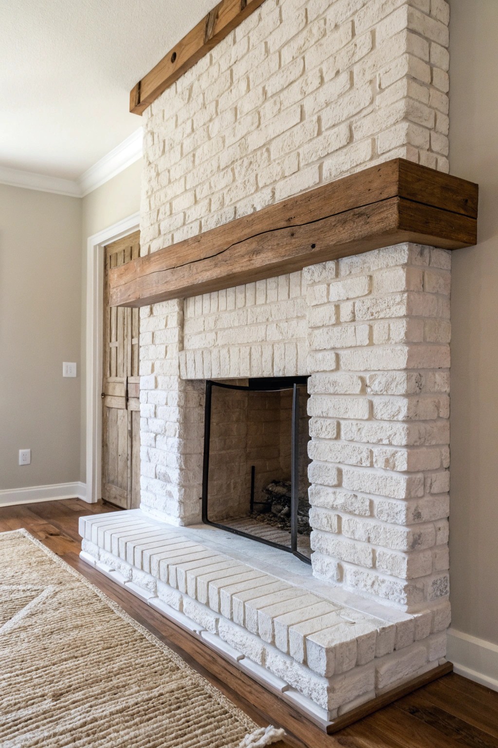 Timeless rustic elegance: a whitewashed brick fireplace with reclaimed wood charm.