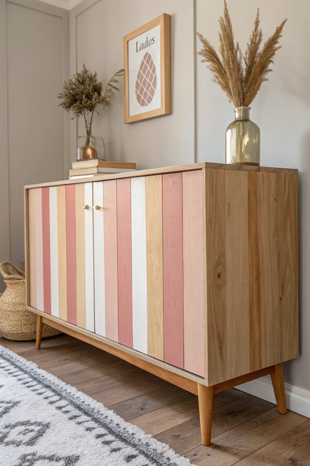 Bold stripes add a playful twist to Scandinavian minimalism—perfect for a fresh entryway statement.