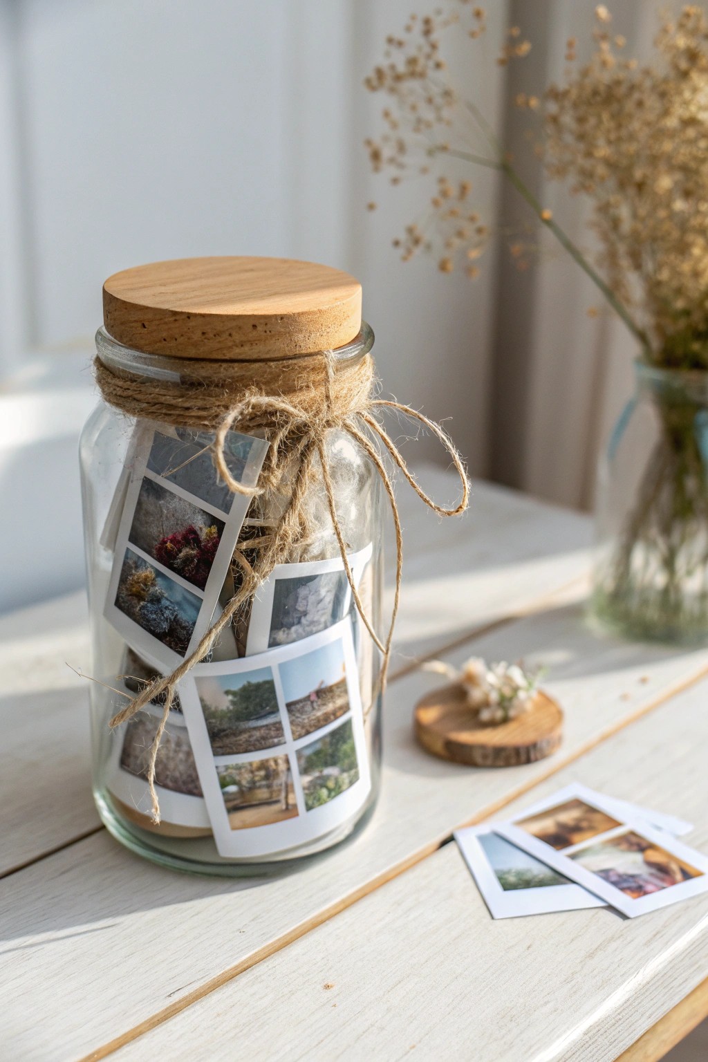 A memory jar filled with rolled photo prints—unroll a new story every week.