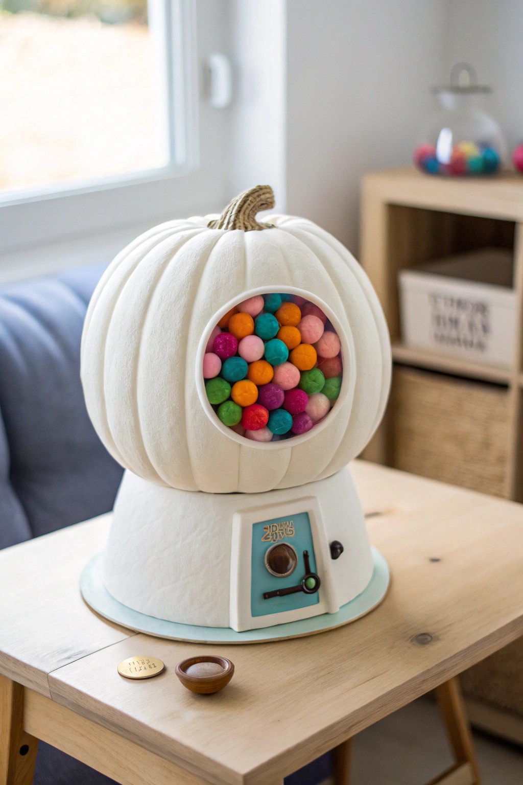 Scandi-boho pumpkin gumball machine: playful, handcrafted contest winner
