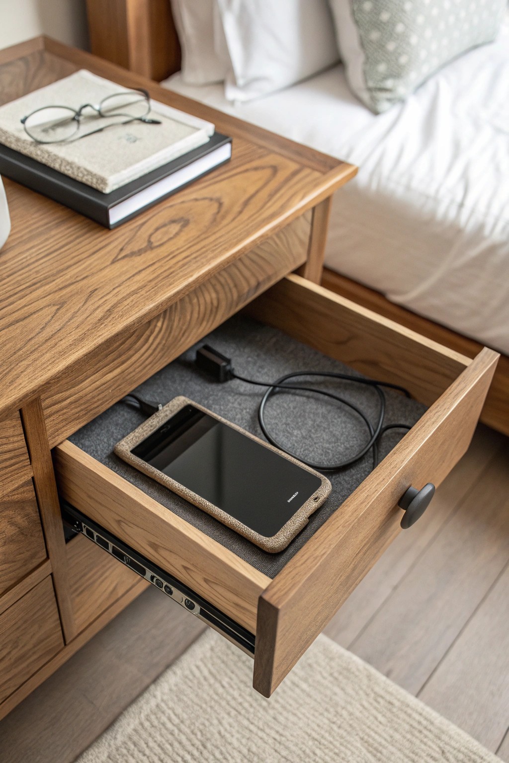 A hidden charging station keeps your bedside organized and beautifully clutter-free.