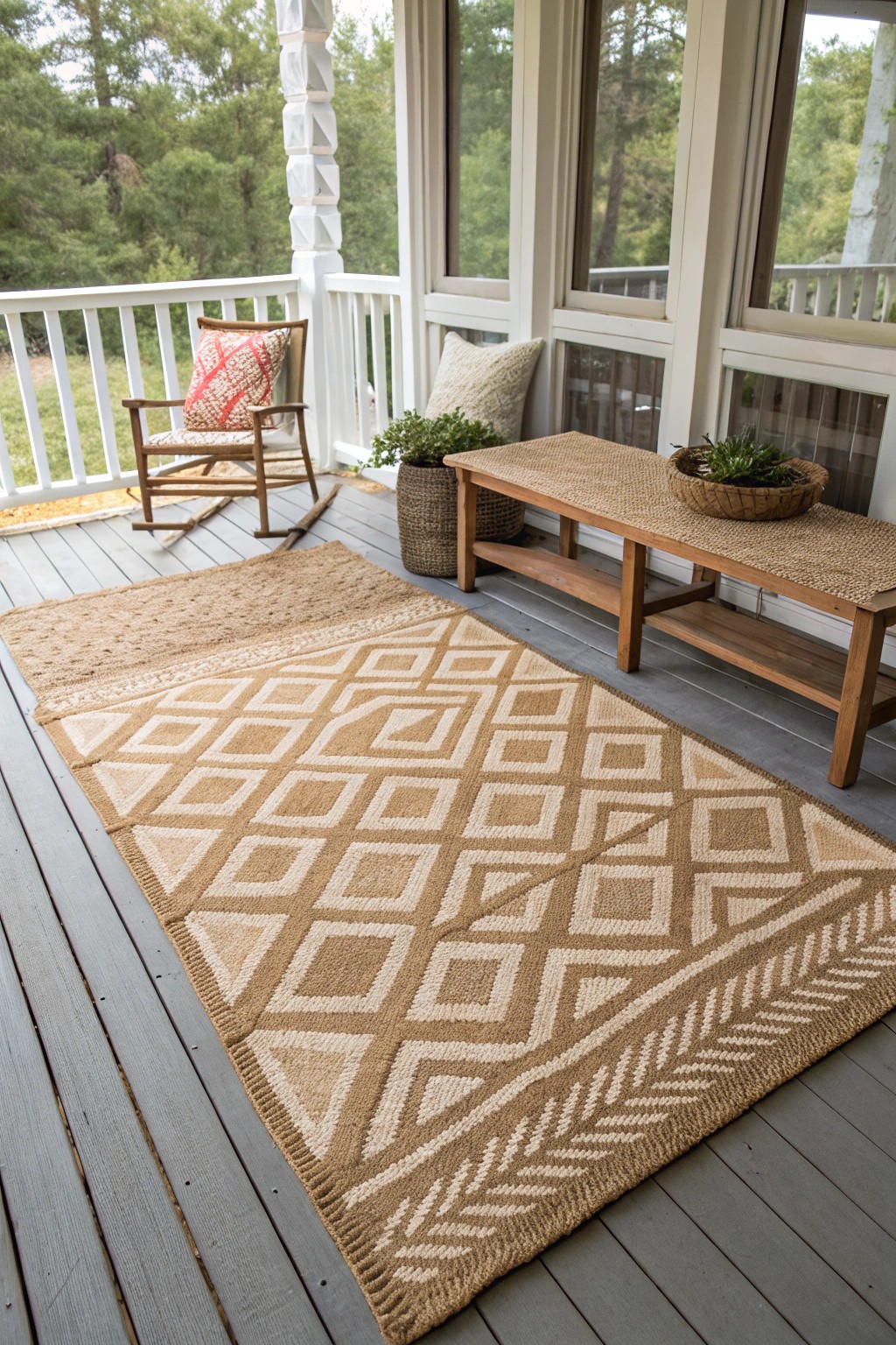 Elevate your porch with artfully layered rugs for instant warmth and texture.