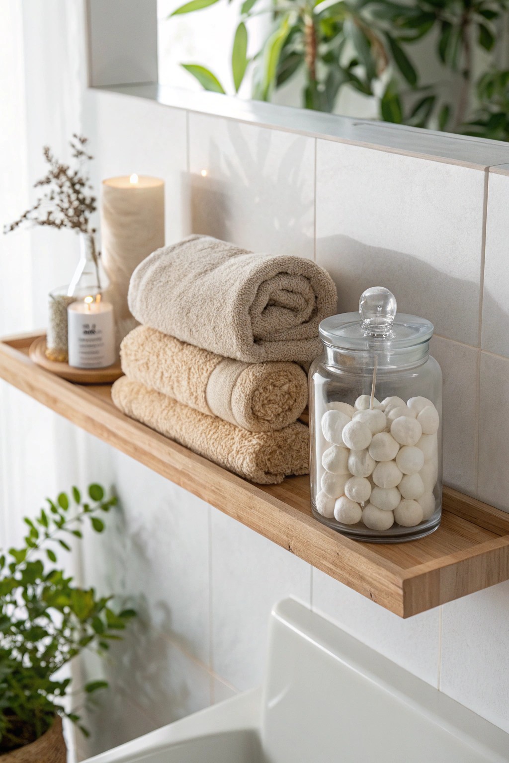 Elevate your bathroom with beautifully styled open shelving—where storage meets serene display.