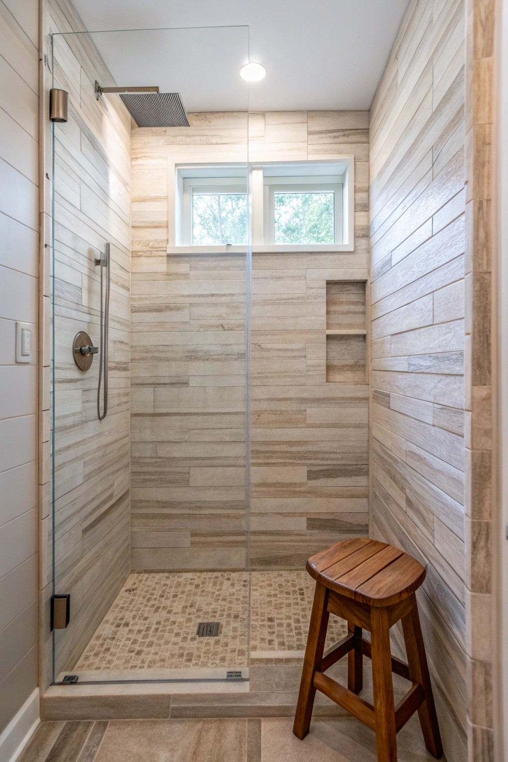 Elevate your small bathroom with vertical tile patterns for a spacious, elegant feel.