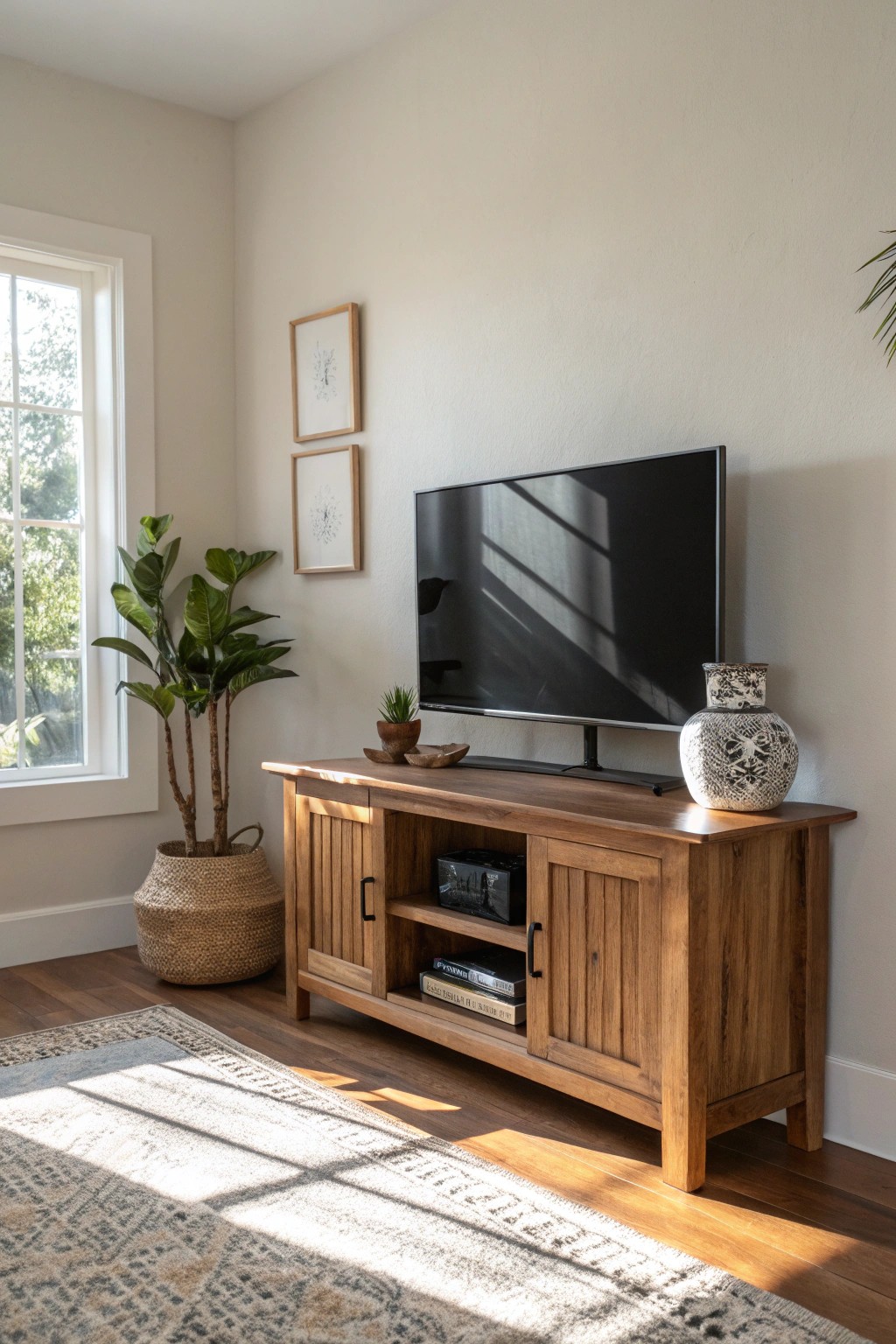 Maximize space and style with a cozy corner TV setup.