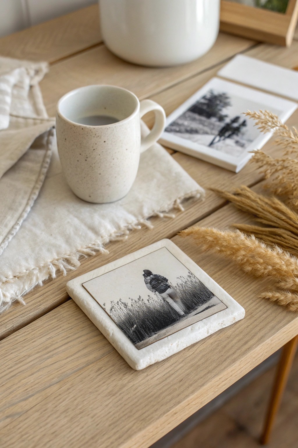 Turn memories into art—custom photo coasters for your coffee table.