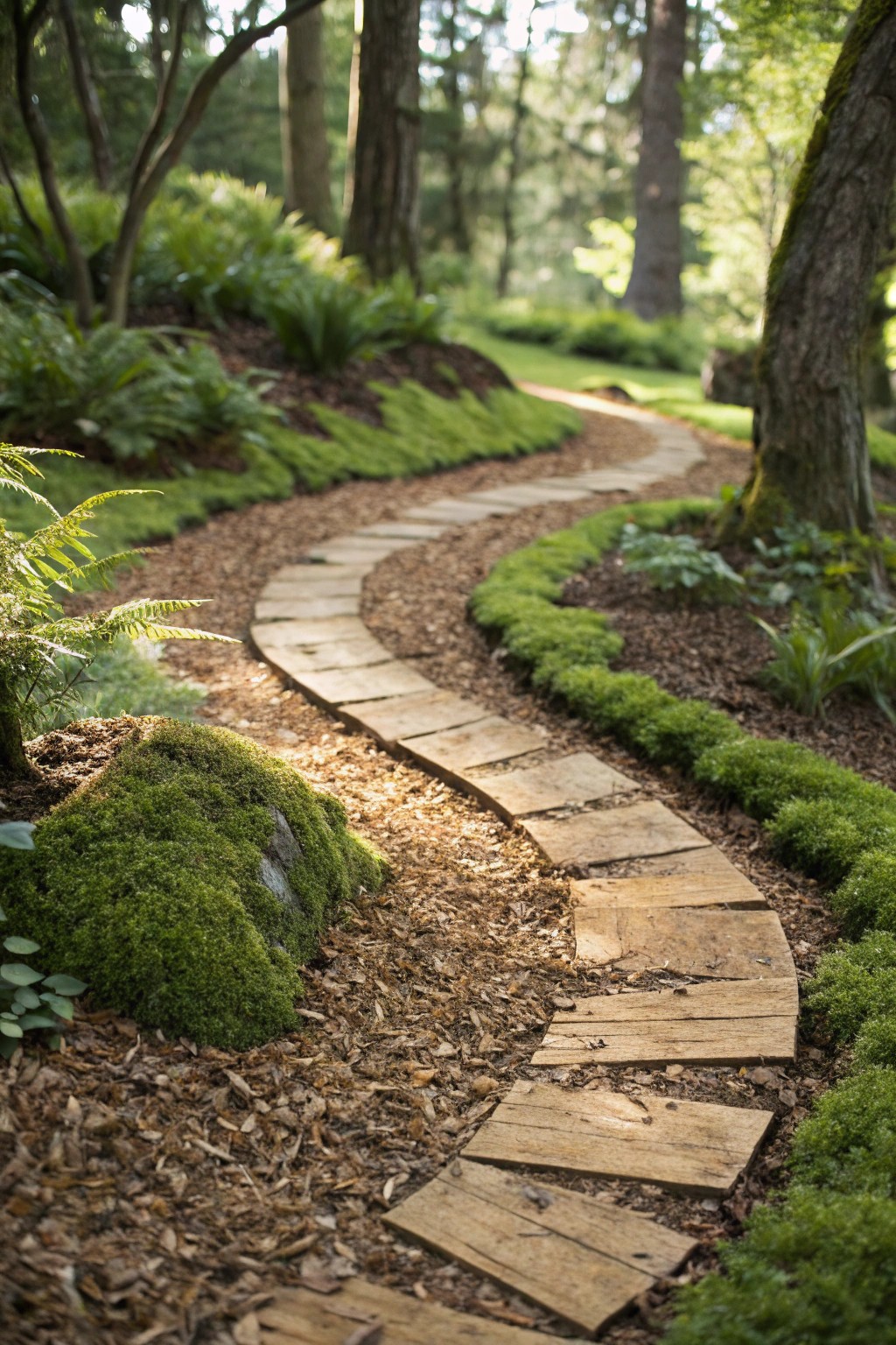 Embrace natural charm with a simple, handcrafted wood chip garden trail.