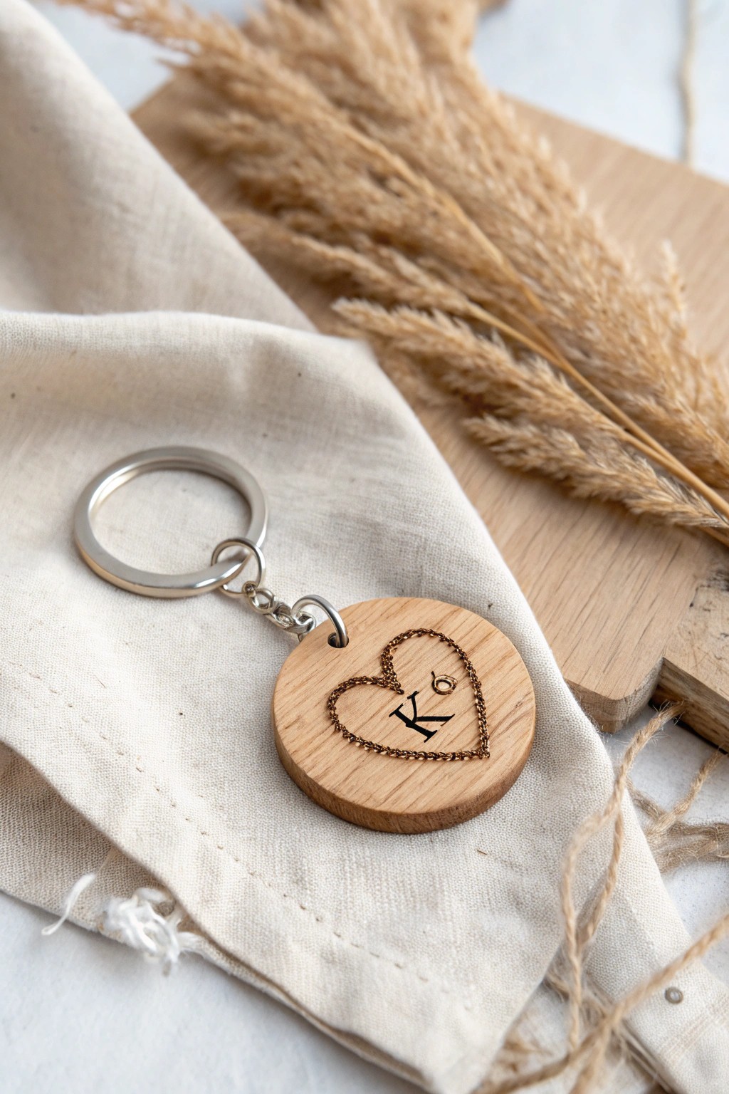 Chic and heartfelt: a custom wooden keychain makes the perfect wedding favor keepsake.
