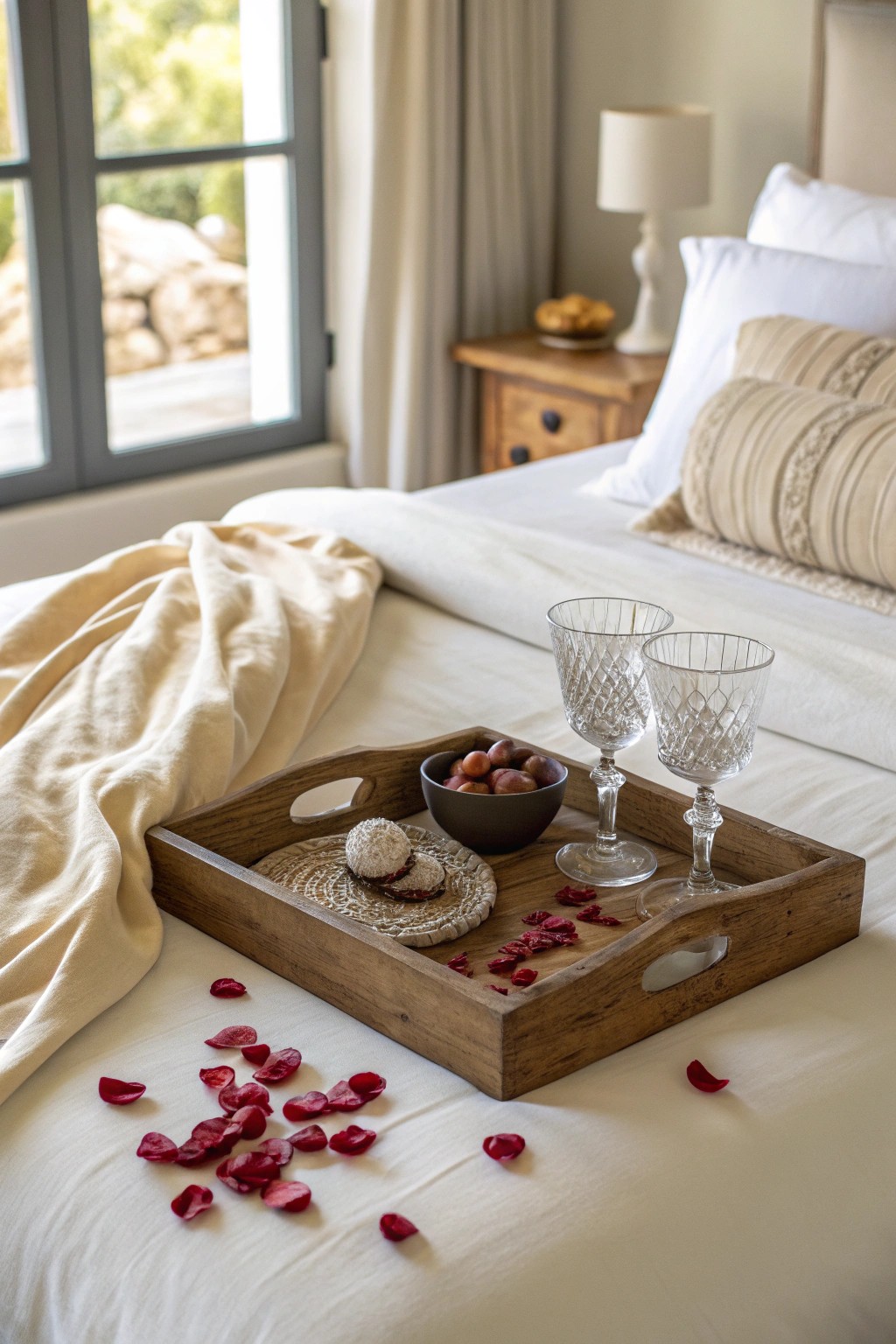 Bring luxury home: a handcrafted tray with chocolates and champagne on a dreamy, hotel-inspired bed.