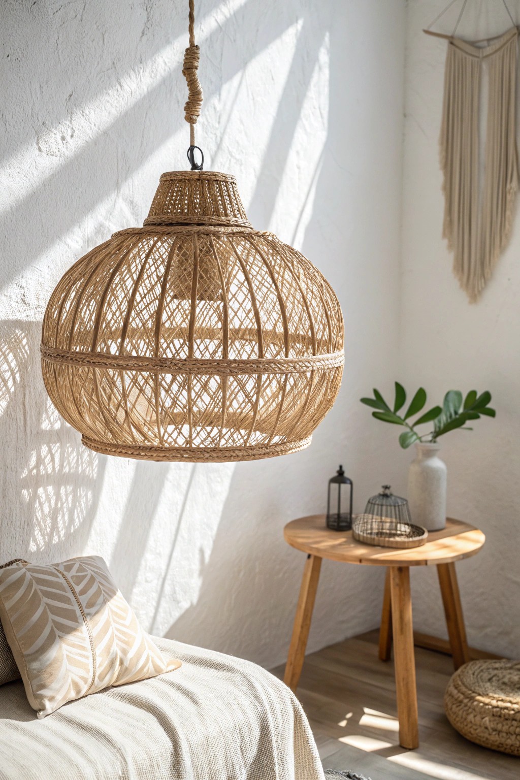 Let woven statement lighting cast cozy shadows in your boho haven.