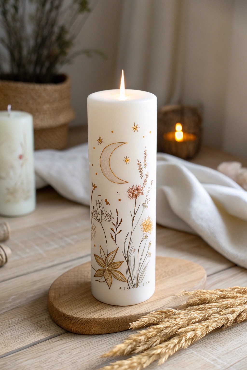 A candle painted with its own glowing scene—minimalist magic for your cozy nook.