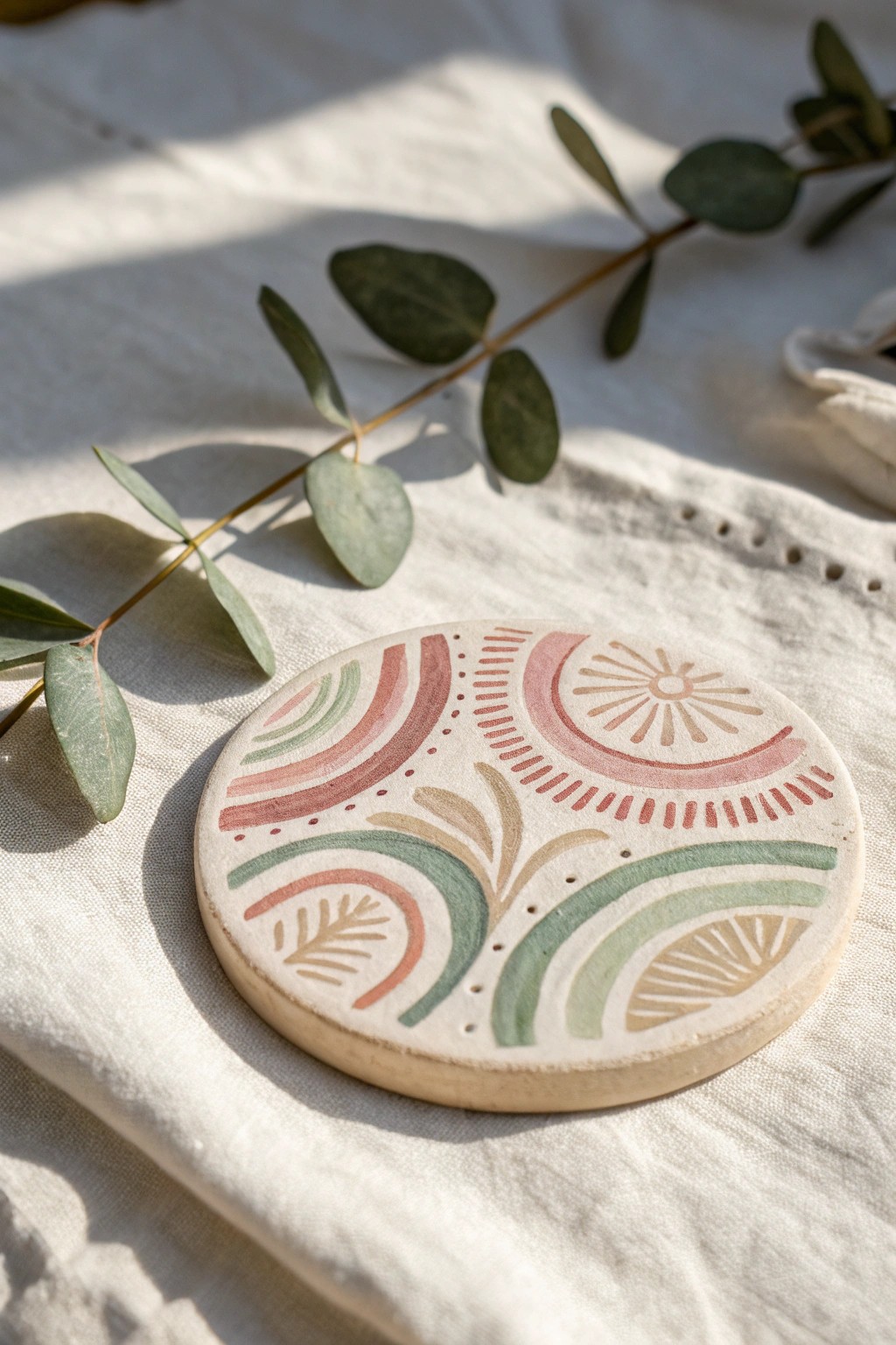 Hand-painted clay coasters: a touch of artistry for your table.
