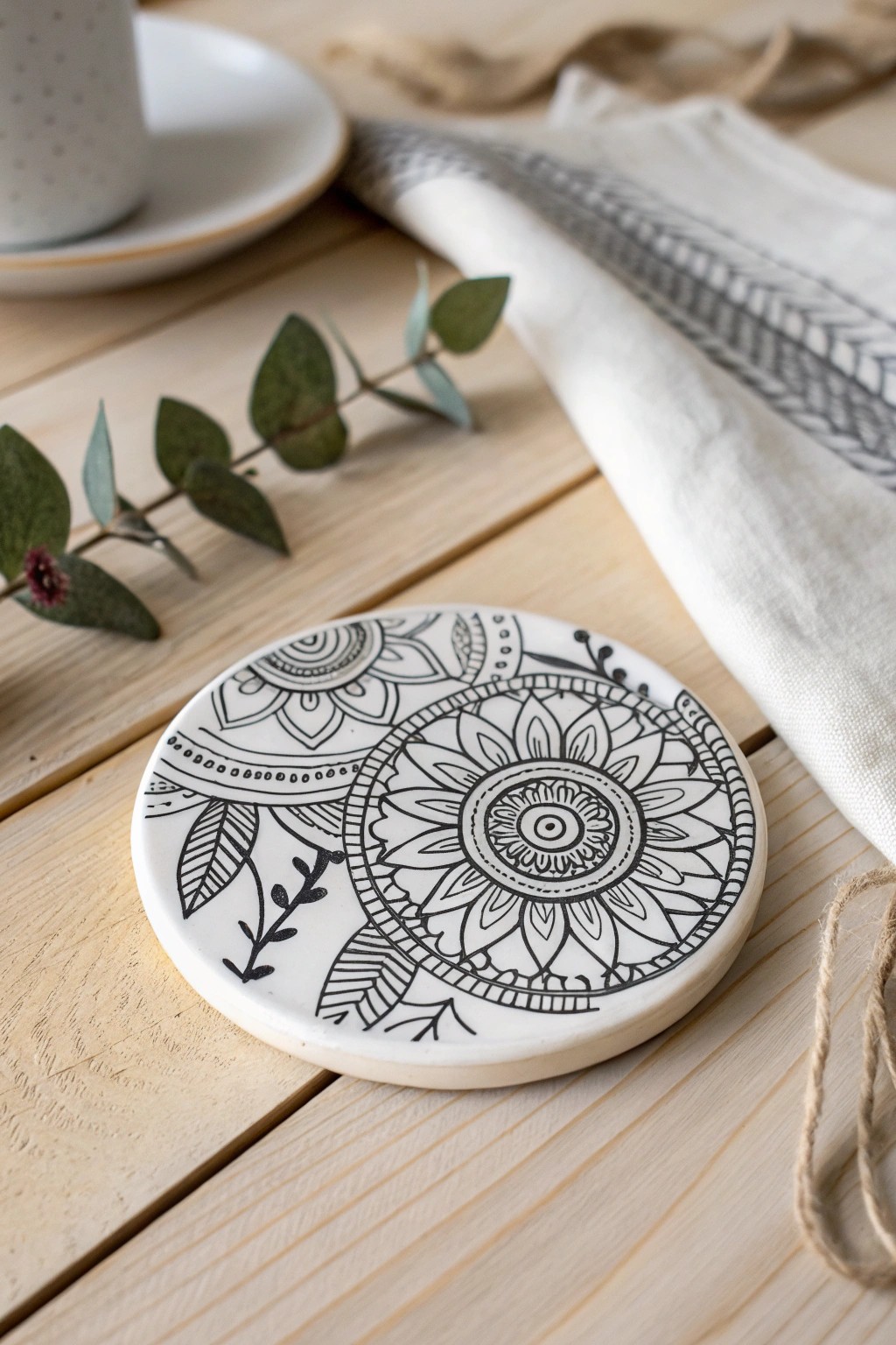 Hand-drawn Zentangle art turns a simple coaster into a Scandinavian-inspired masterpiece.