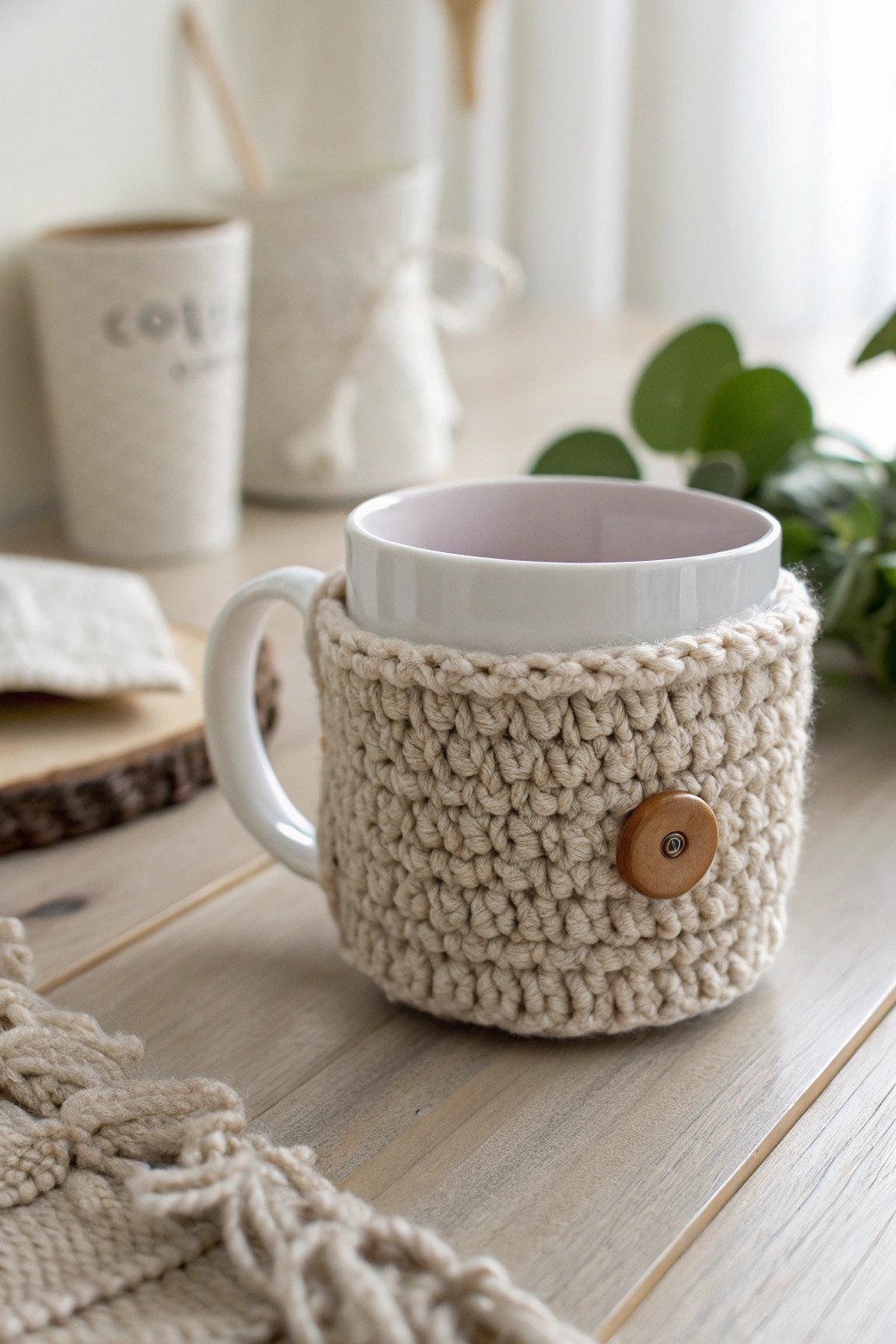 Wrap your favorite mug in handcrafted warmth—Scandi-Boho charm, one stitch at a time.