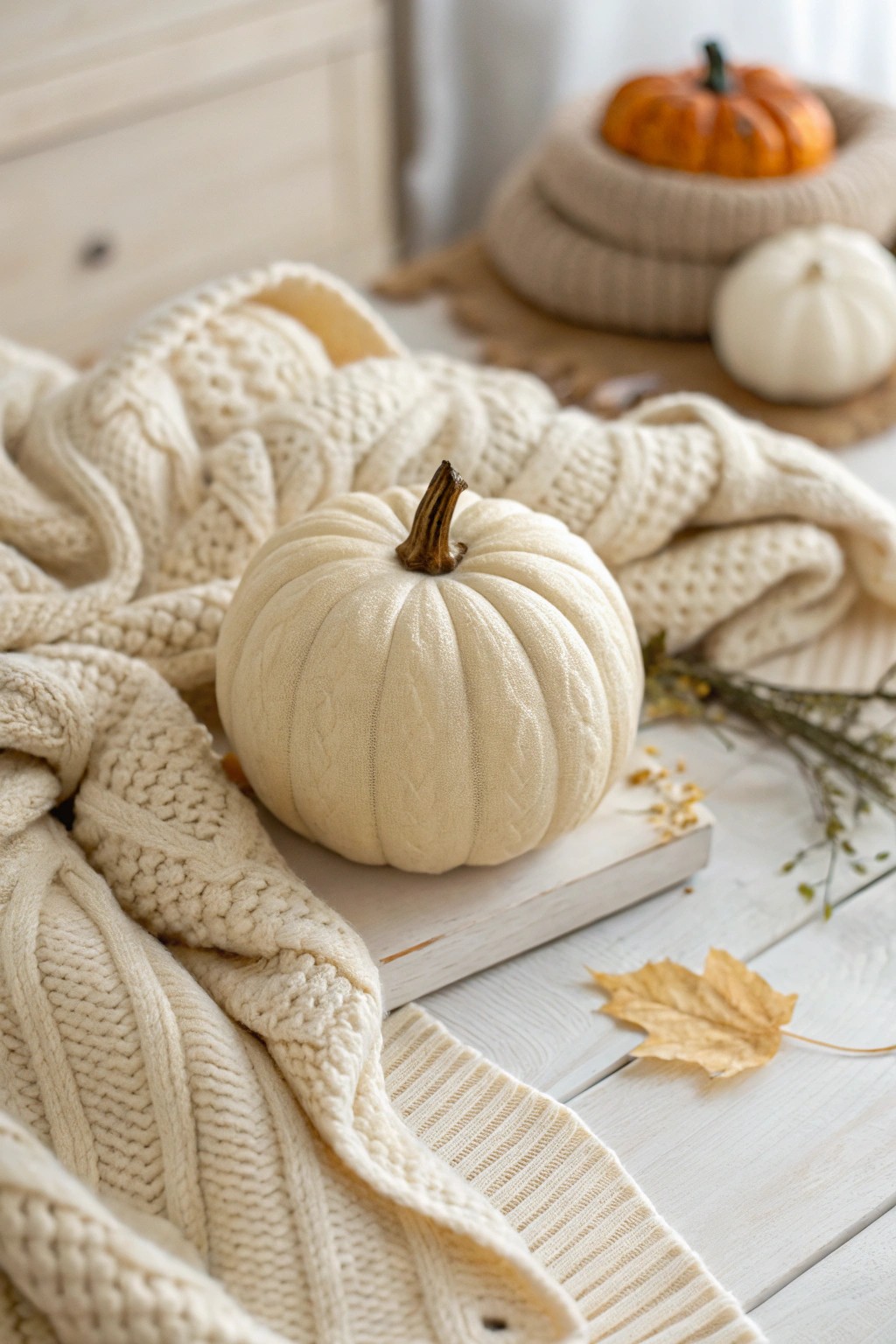 Cozy up your decor with a sweater-wrapped pumpkin—simple, handmade autumn style.