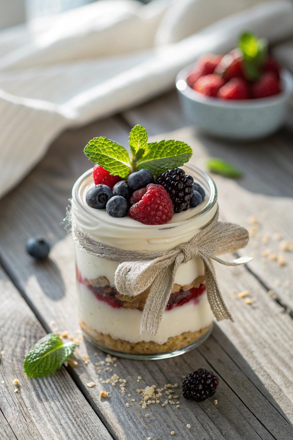 Charming mini dessert jar—layered, ribbon-tied, and irresistibly sweet.