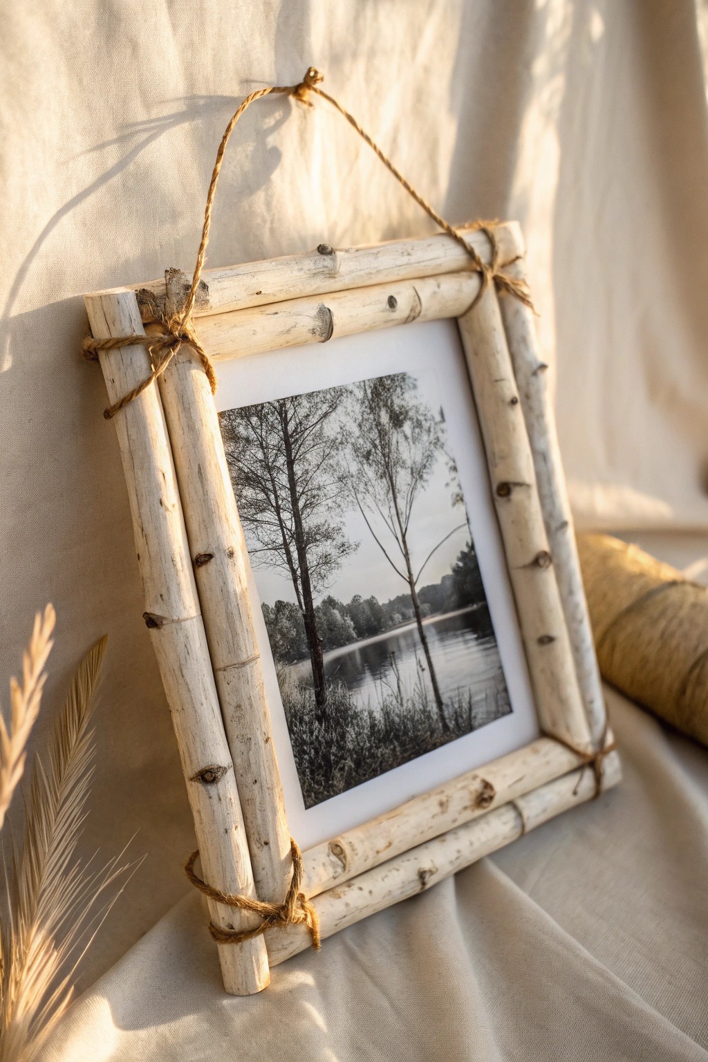 Handcrafted birch branch frame—where your favorite memories float in a touch of forest magic.