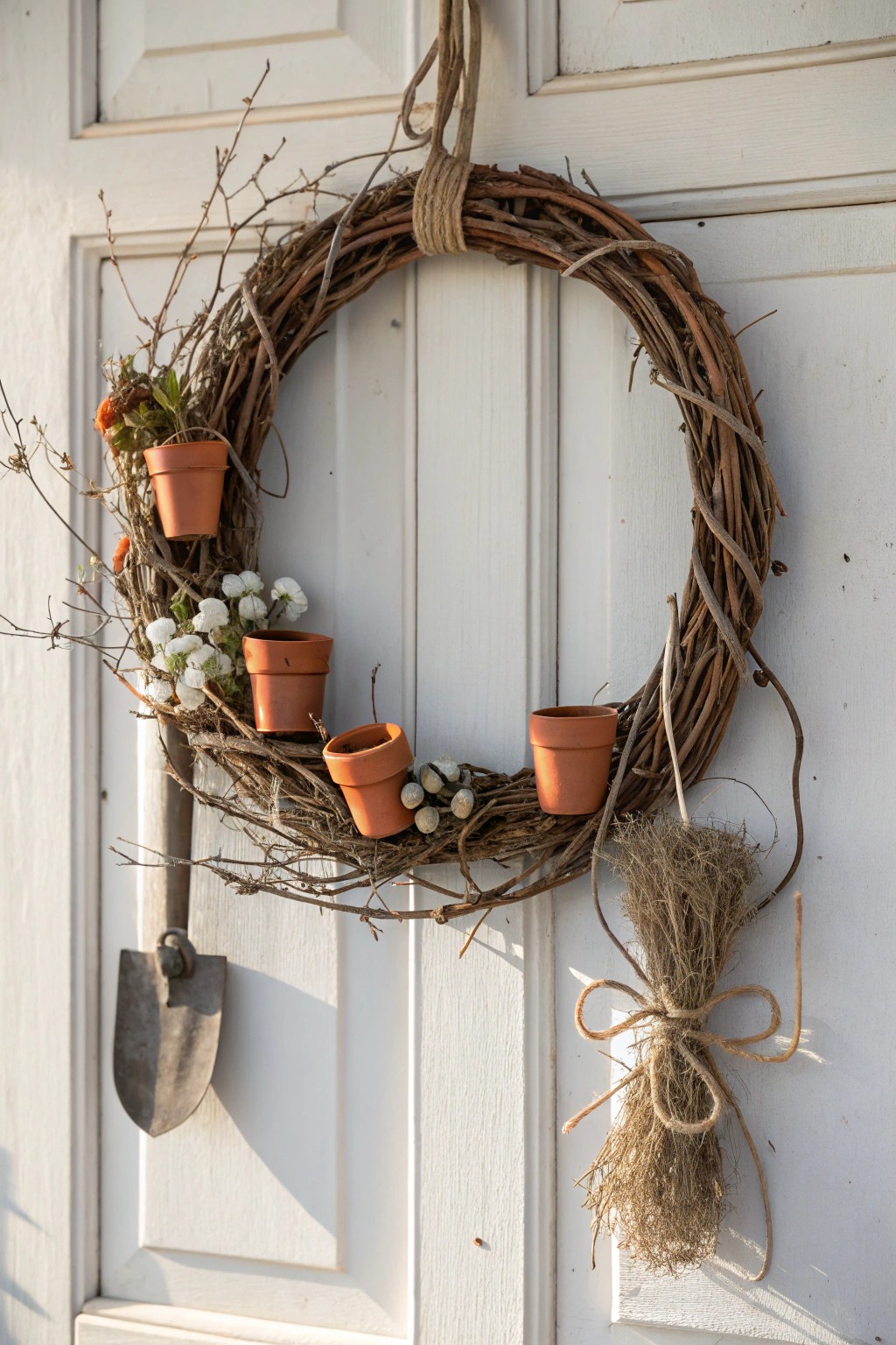 A charming garden-inspired wreath: terracotta pots and vintage tools meet Scandinavian simplicity.