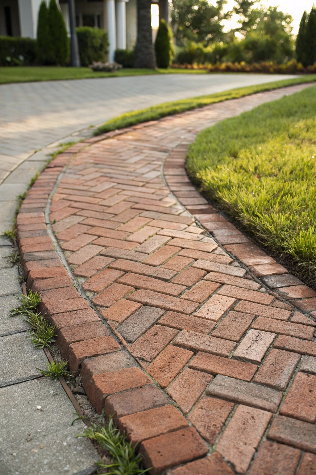 Effortless elegance: A herringbone brick driveway, where timeless charm meets natural beauty.