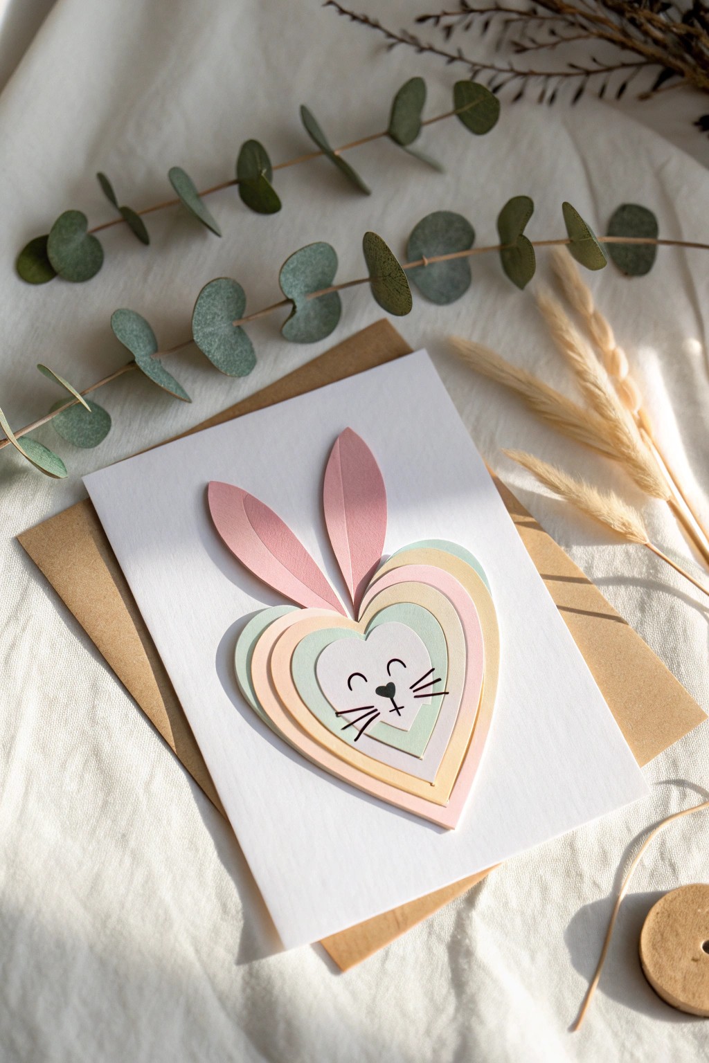 Adorable heart-shaped bunny face card—Scandinavian minimalism meets Easter charm.