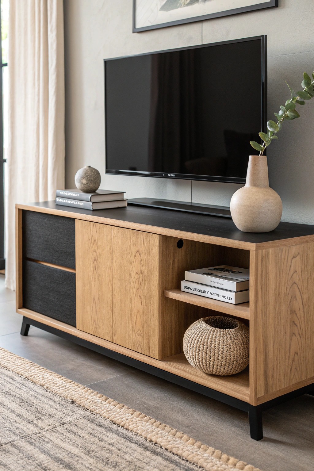 Make a statement with a dual-tone entertainment center—where craftsmanship meets modern contrast.