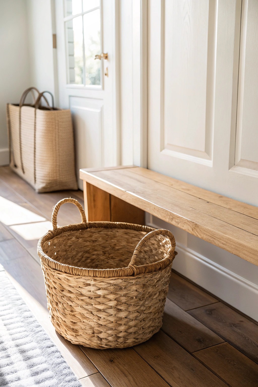 Effortless entryway elegance: woven basket storage for a tidy, welcoming space.