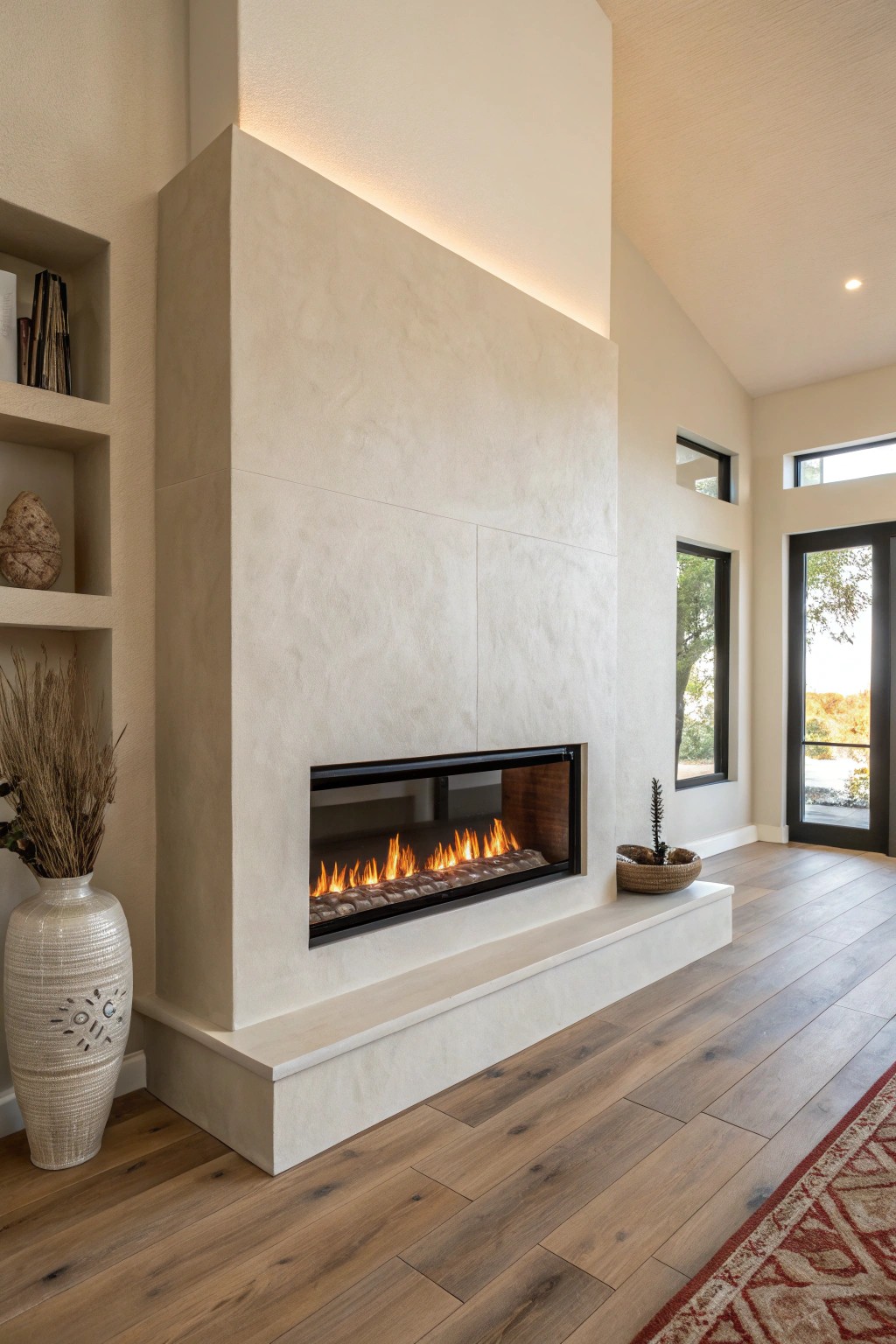 Sleek simplicity: a recessed electric fireplace brings effortless warmth and modern style.