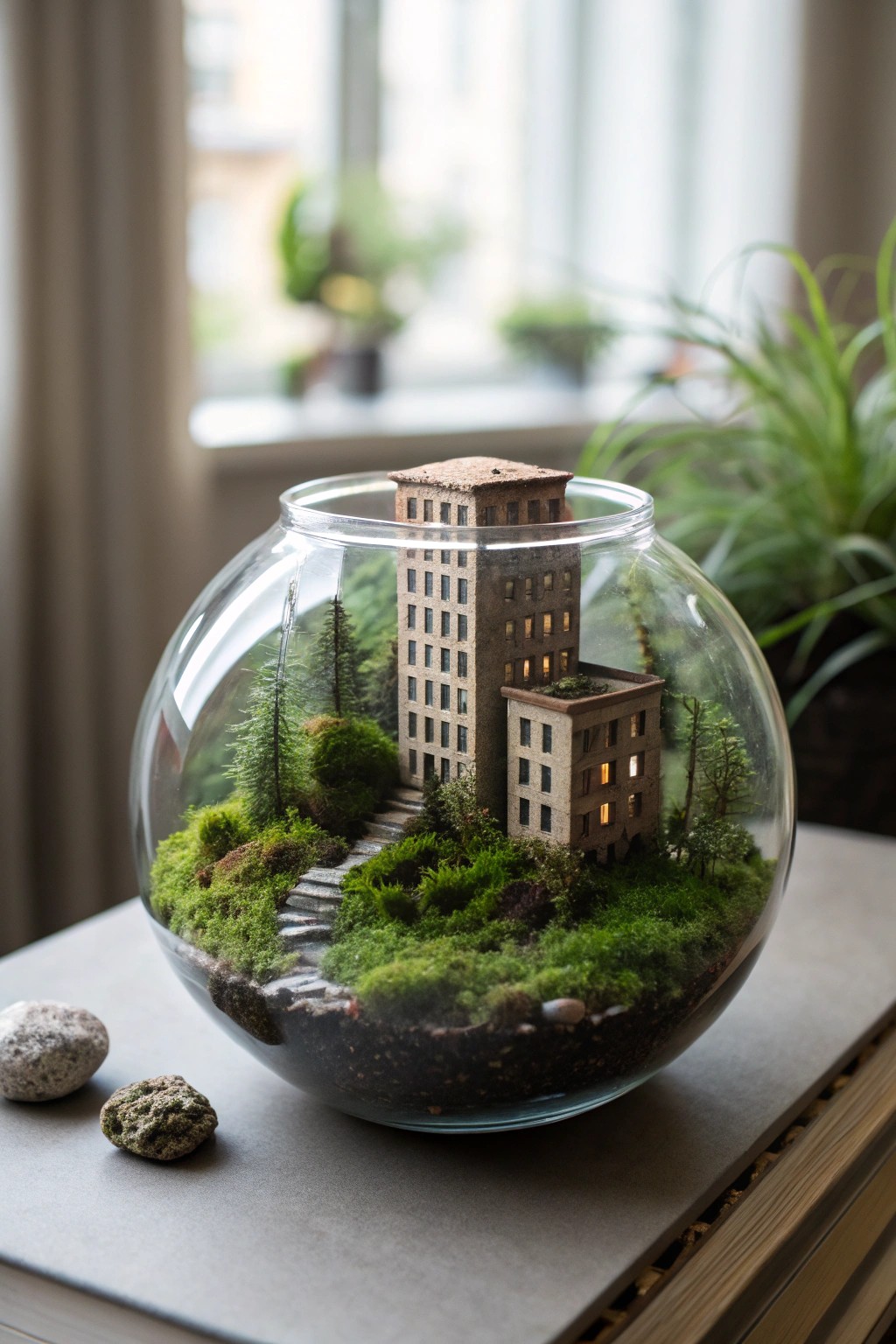 Discover the charm of a tiny urban underwater city—a serene blend of architecture and nature for your fish tank.