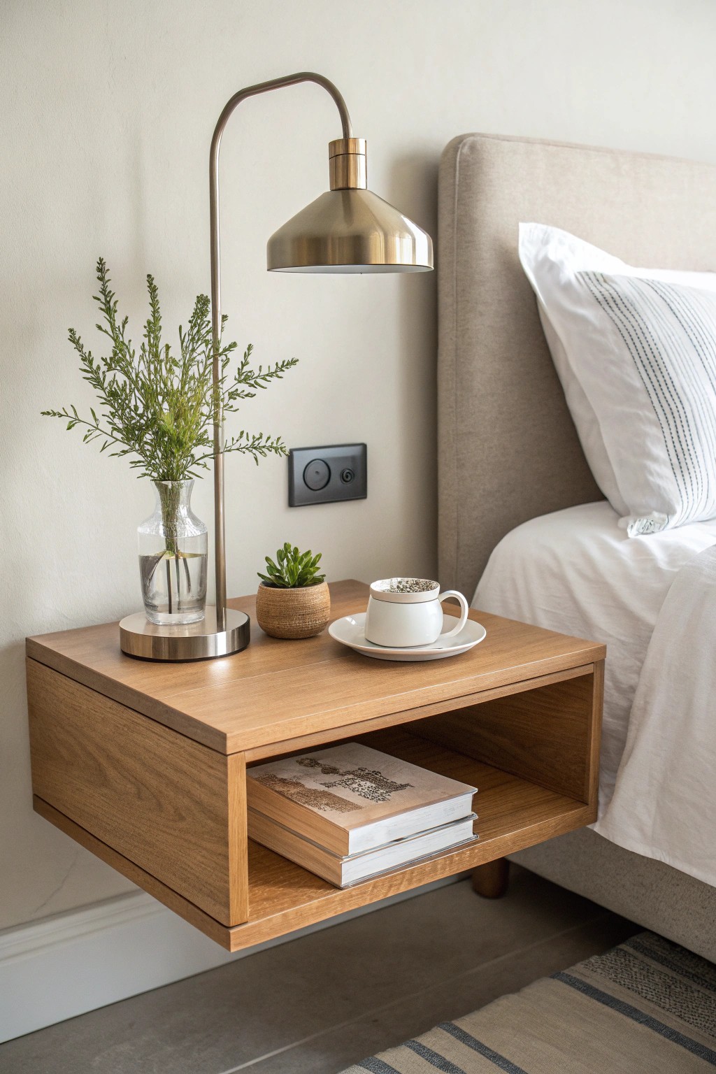 Chic and simple: a floating shelf nightstand for effortless small space style.