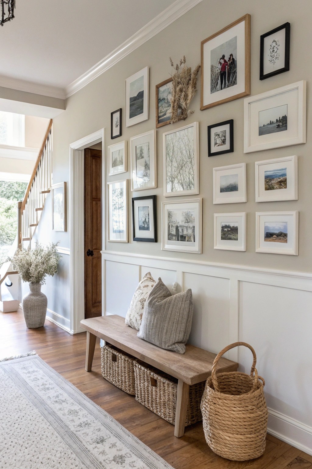 A gallery wall in the foyer—where memories and artistry welcome you home.