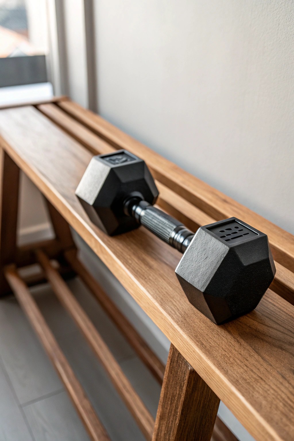 Elevate your home gym with a beautifully crafted, space-saving dumbbell rack.