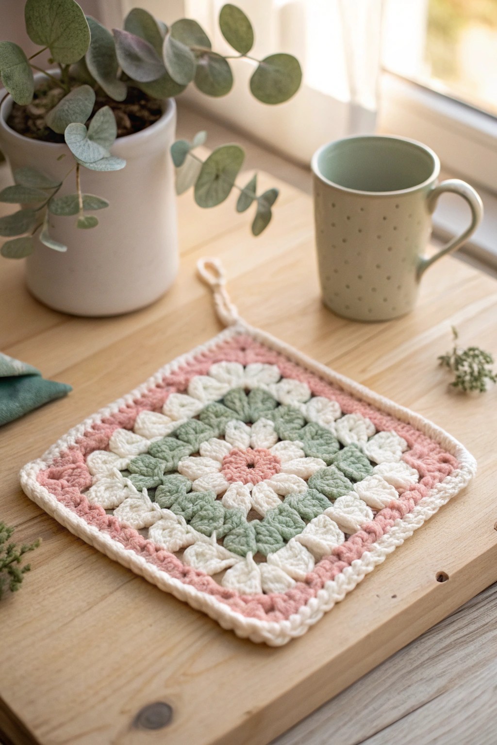 Chic and cozy: A handcrafted granny square pot holder brings playful retro charm to your minimalist kitchen.
