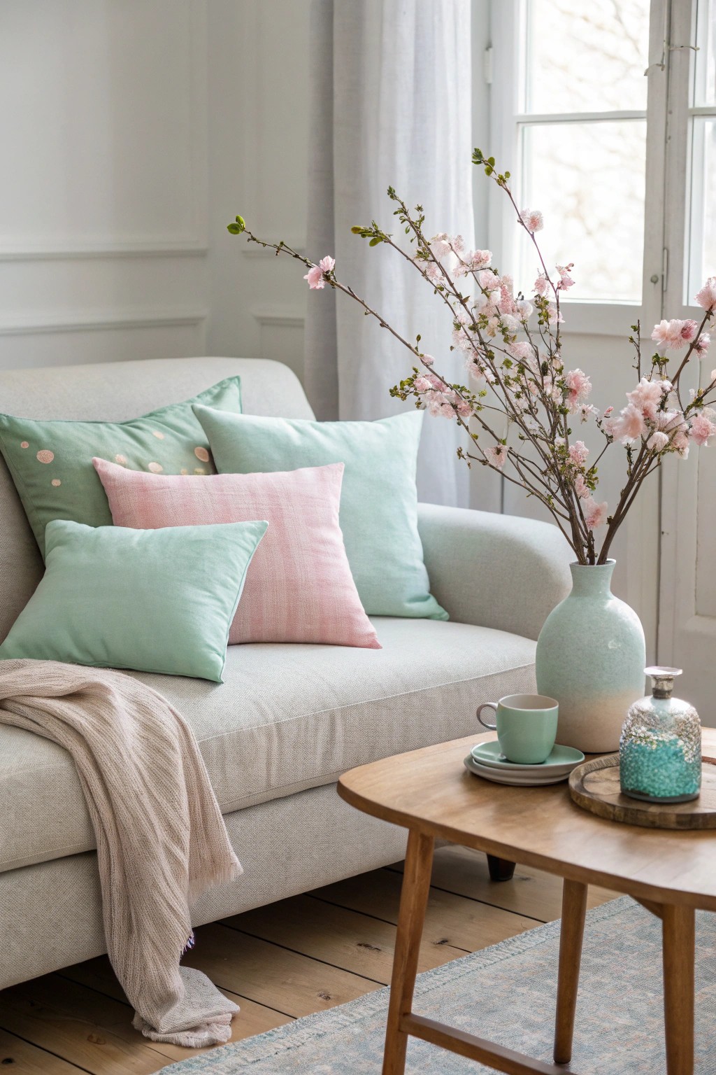 Elevate your grey couch with soft pastel touches for a fresh, uplifting living room look.
