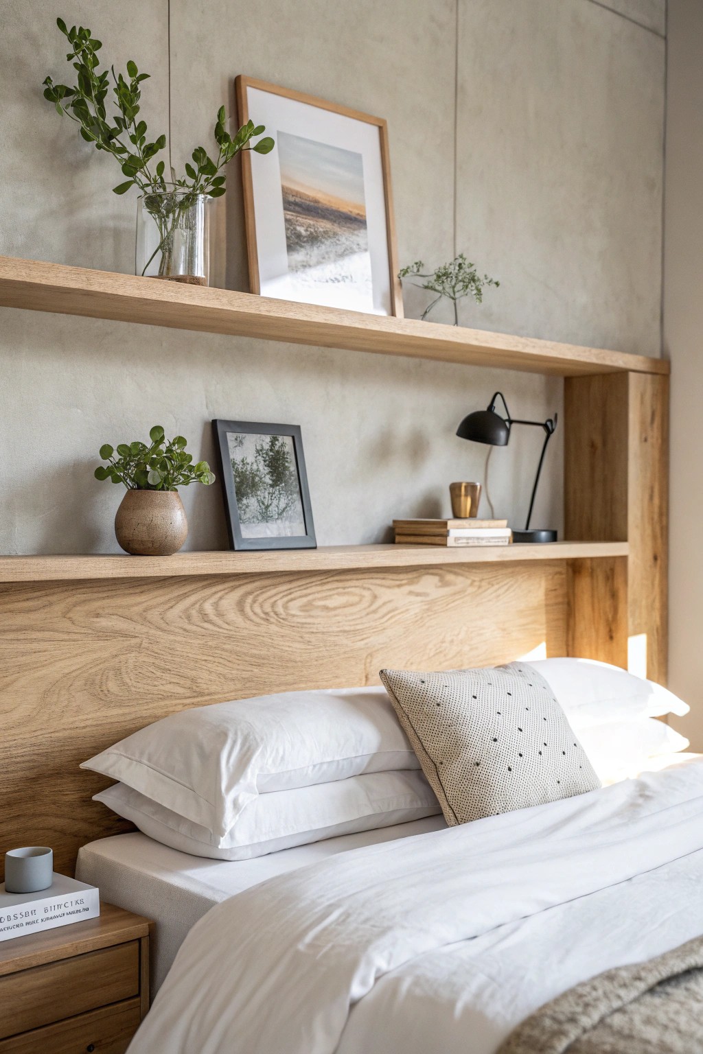 Elevate your bedroom with a floating shelf headboard—where simplicity meets elegant storage.