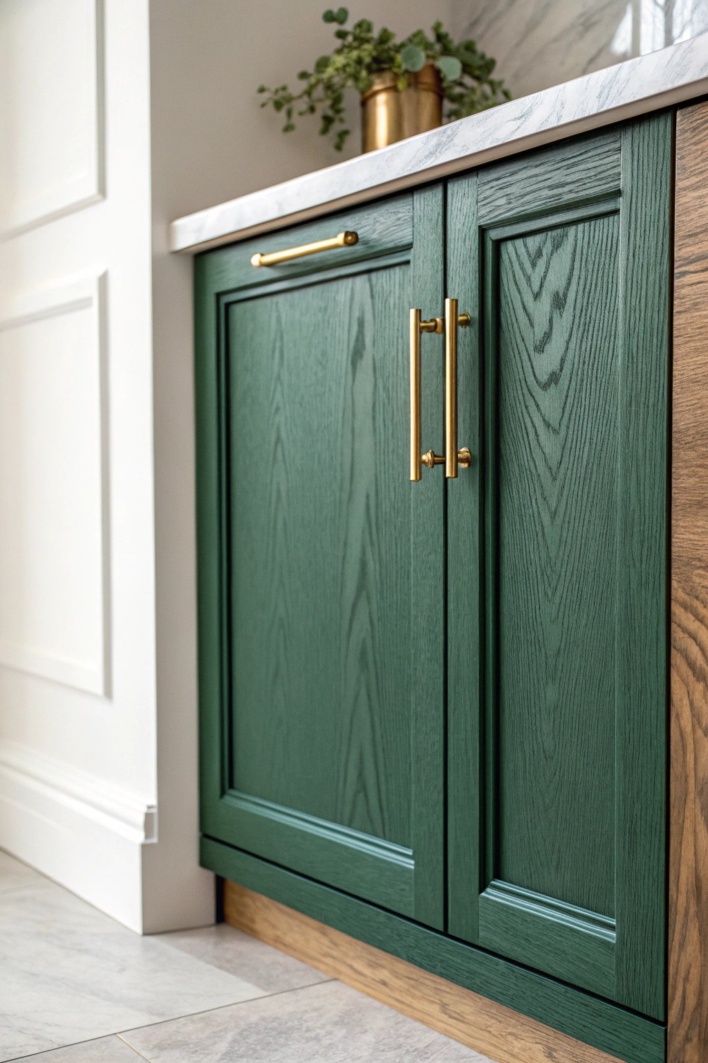 Elevate your kitchen with the timeless elegance of forest green cabinetry and luxe gold accents.