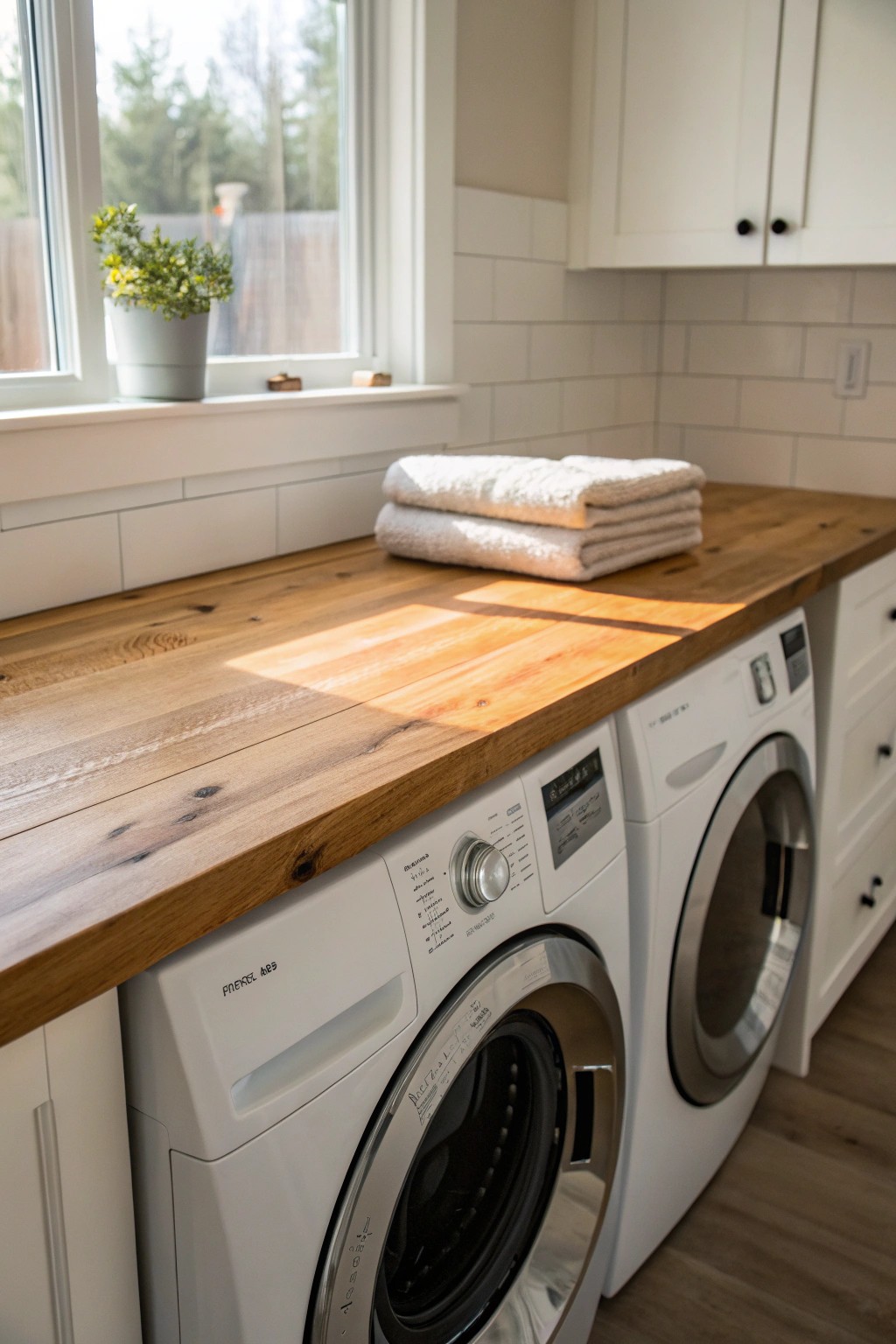 Elevate your laundry space with a handcrafted wood countertop—where function meets timeless style.