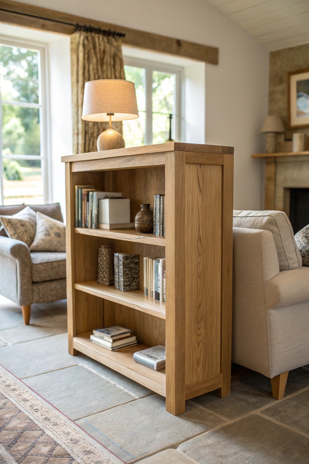 A handcrafted low bookshelf elegantly divides a spacious living room into distinct, harmonious zones.